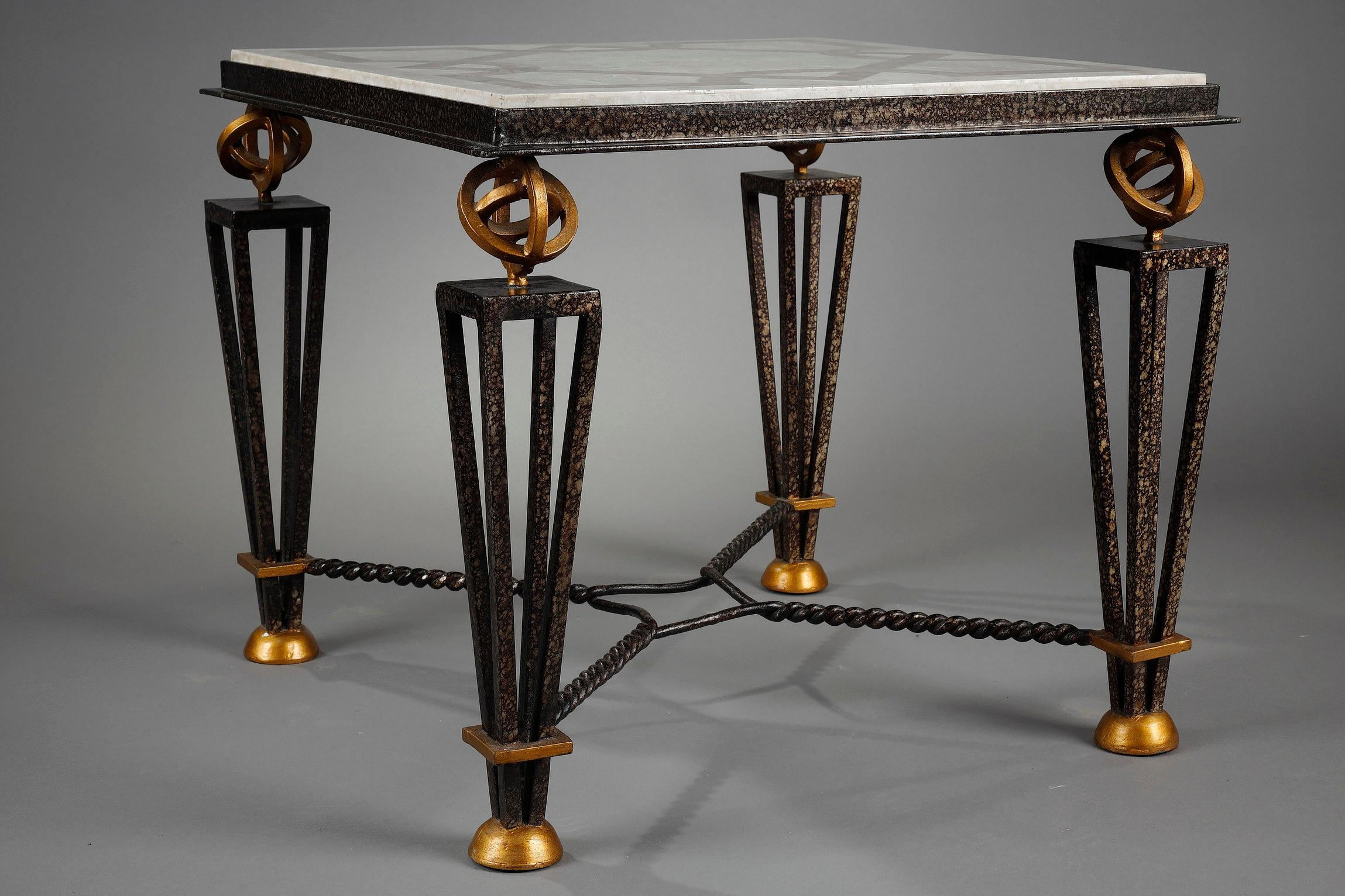 Late 20th Century Table in Marquetry of Stone with Metal Feet in the Taste of Gilbert Poillerat