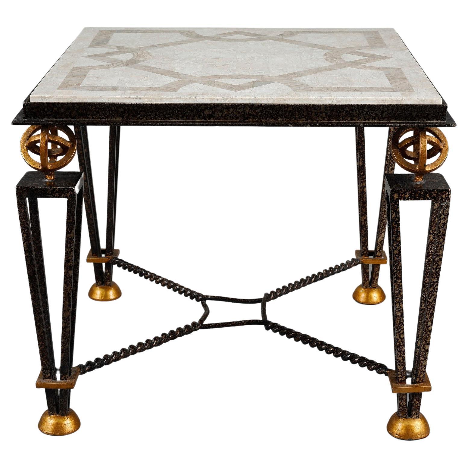 Table in Marquetry of Stone with Metal Feet in the Taste of Gilbert Poillerat