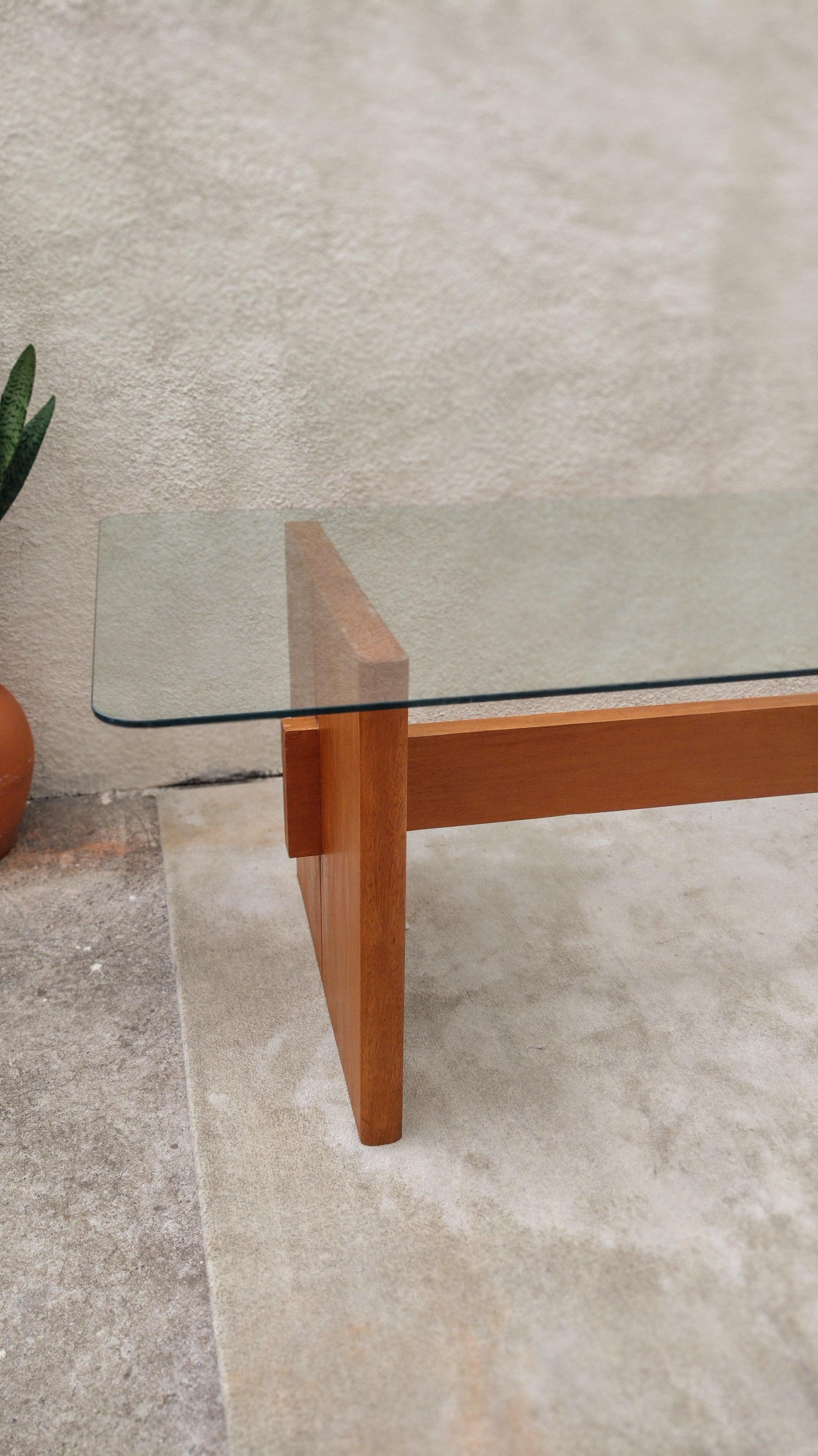 Mid-Century Modern Table in Solid Cherrywood and Glass Top, 60s