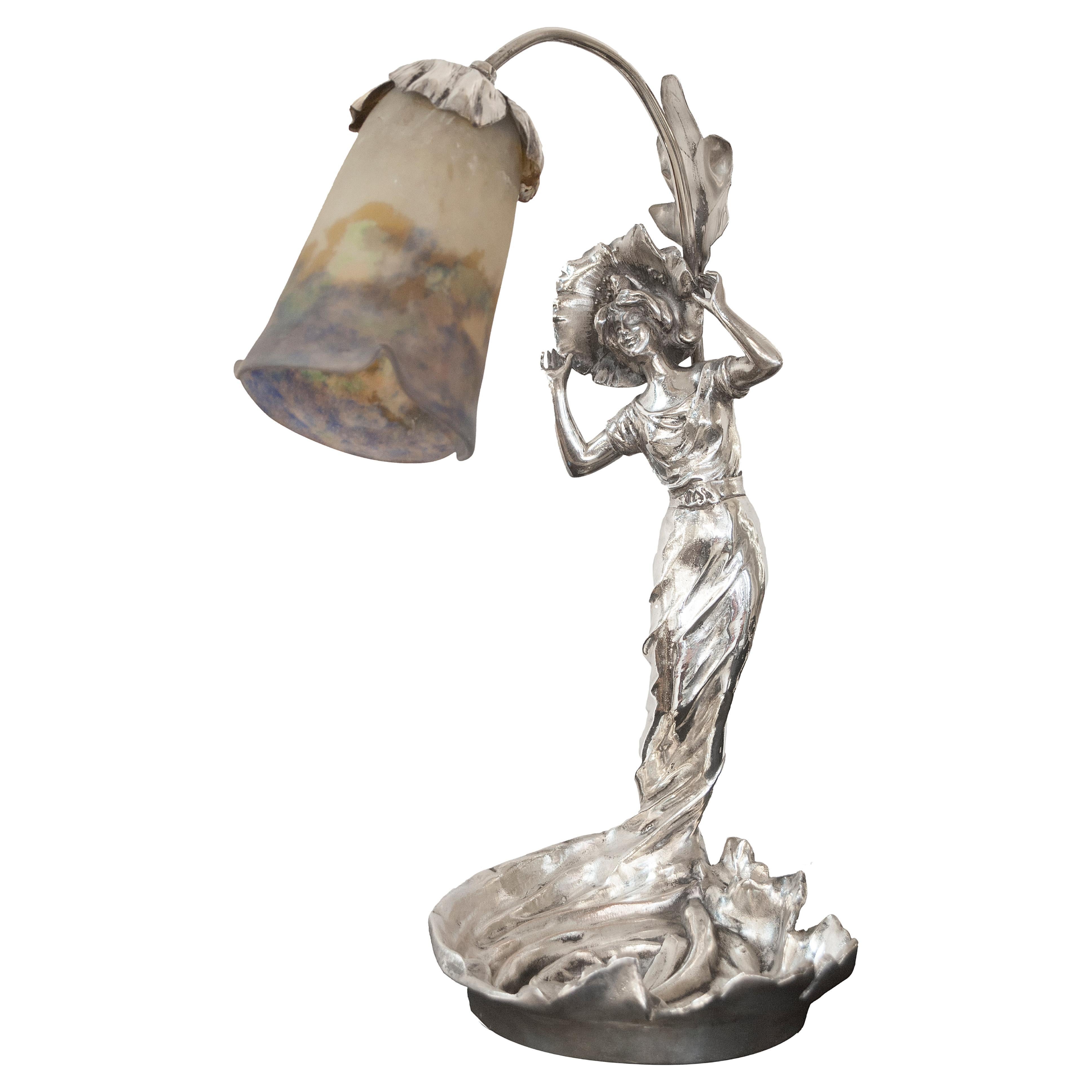 Tischlampe, 1900, versilbertes Metall, Schild: Rouseau / Muller