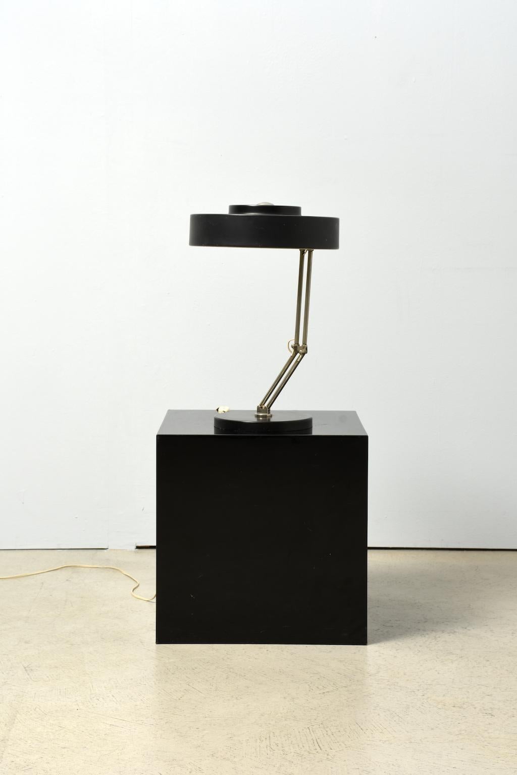 Mid-Century Modern Table Lamp 1960s Black Painted Sheet Metal with Adjustable Joint Bar in Chrome