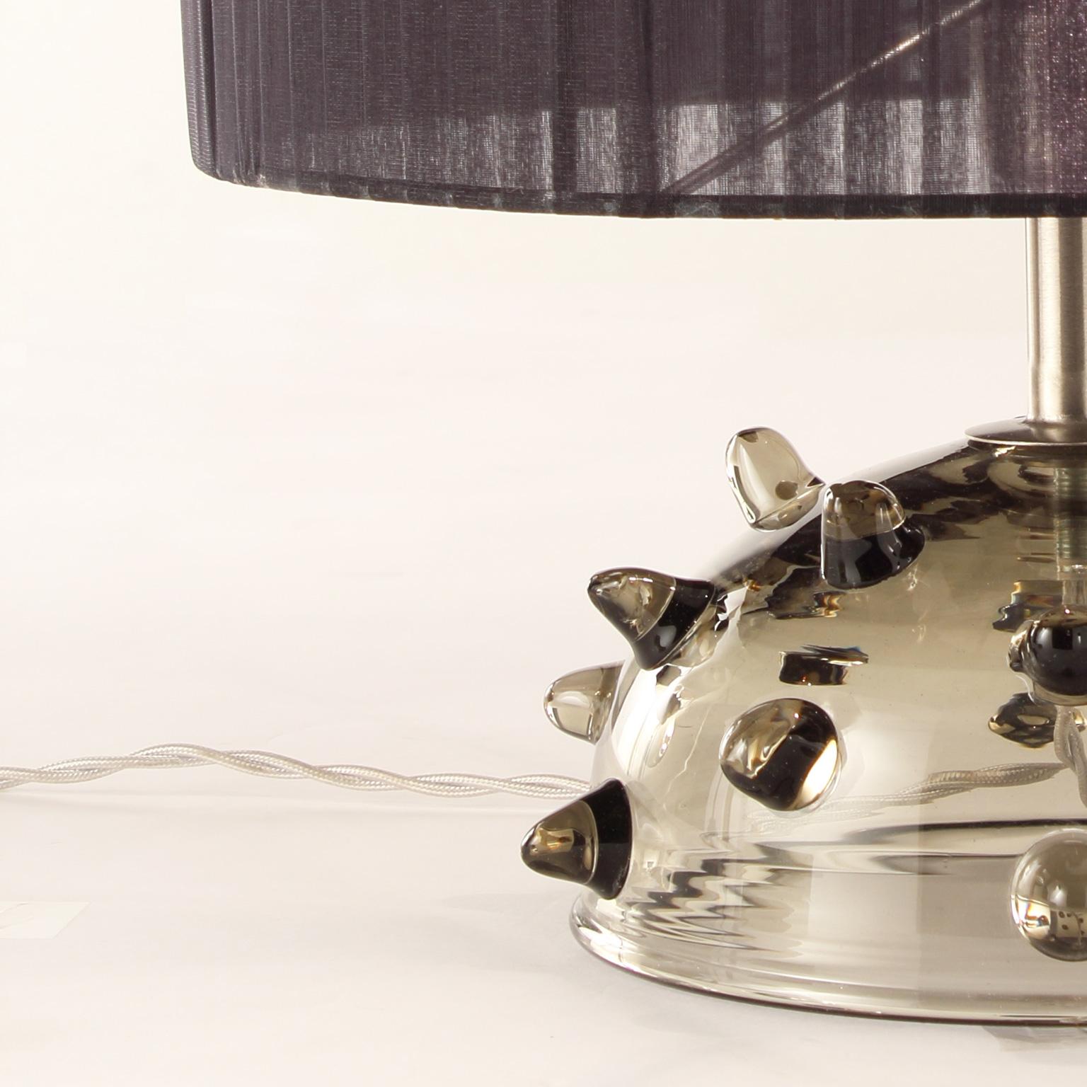 Italian Artistic Table Lamp Grey Glass, Clear “Bugne” Black Lampshade by Multiforme For Sale