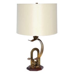 Table Lamp Art Deco Sculptural Cubist Form Wood and Brass, 1920s