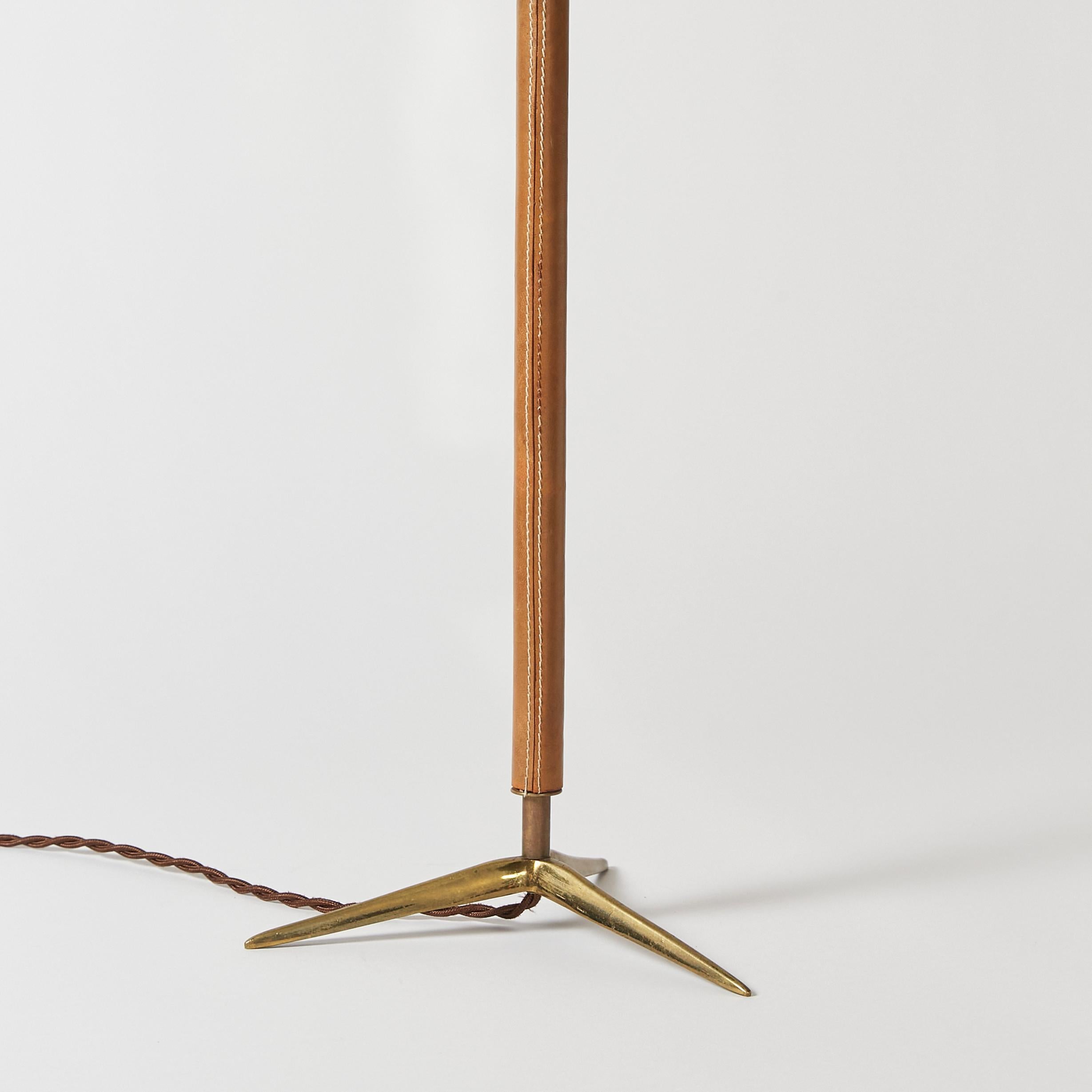 Mid-Century Modern Table Lamp Attributed to Jacques Adnet with Stem Wrapped in Leather For Sale