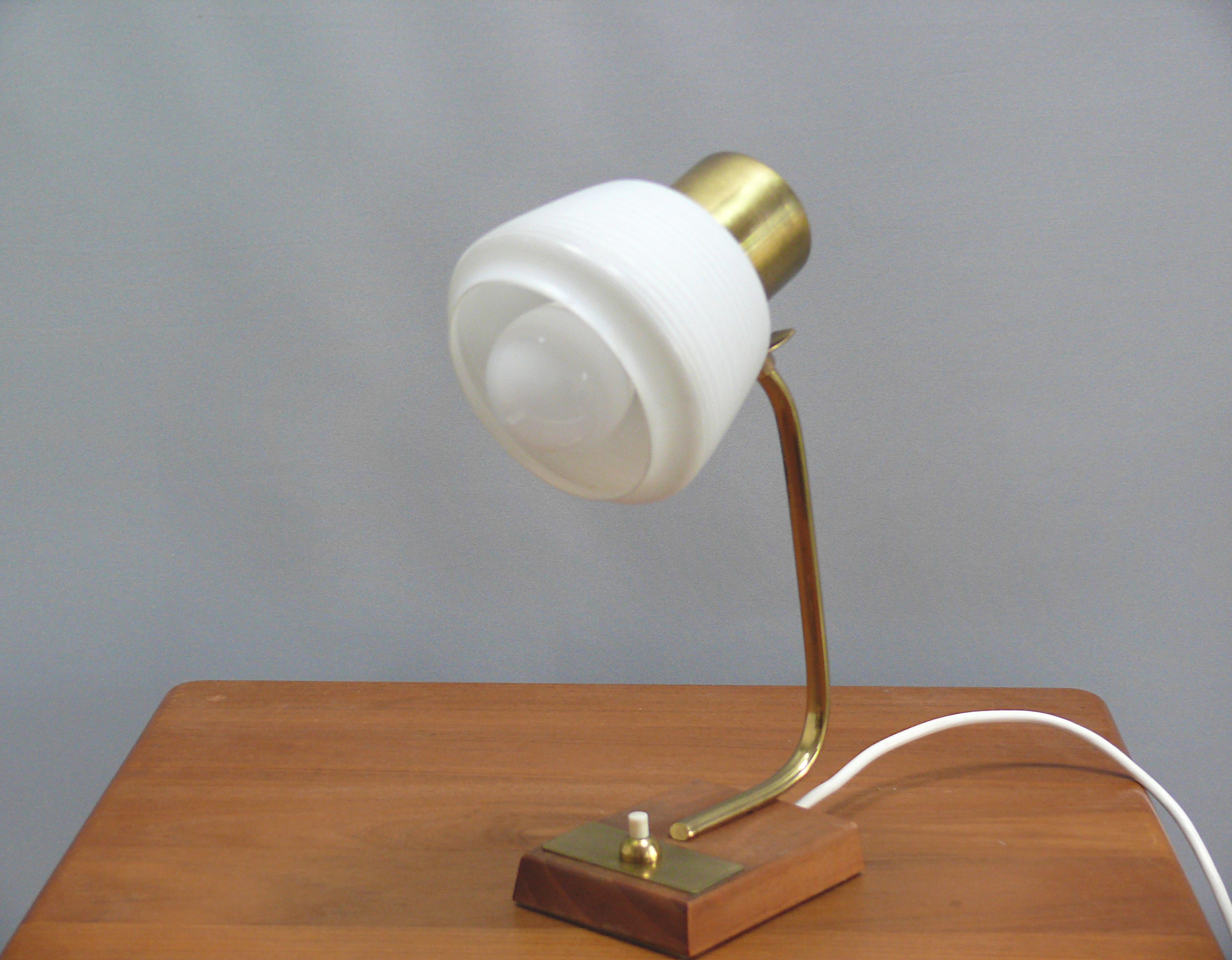 Metal Table lamp, bedside lamp - glass, brass, teak - Germany, 1960s For Sale