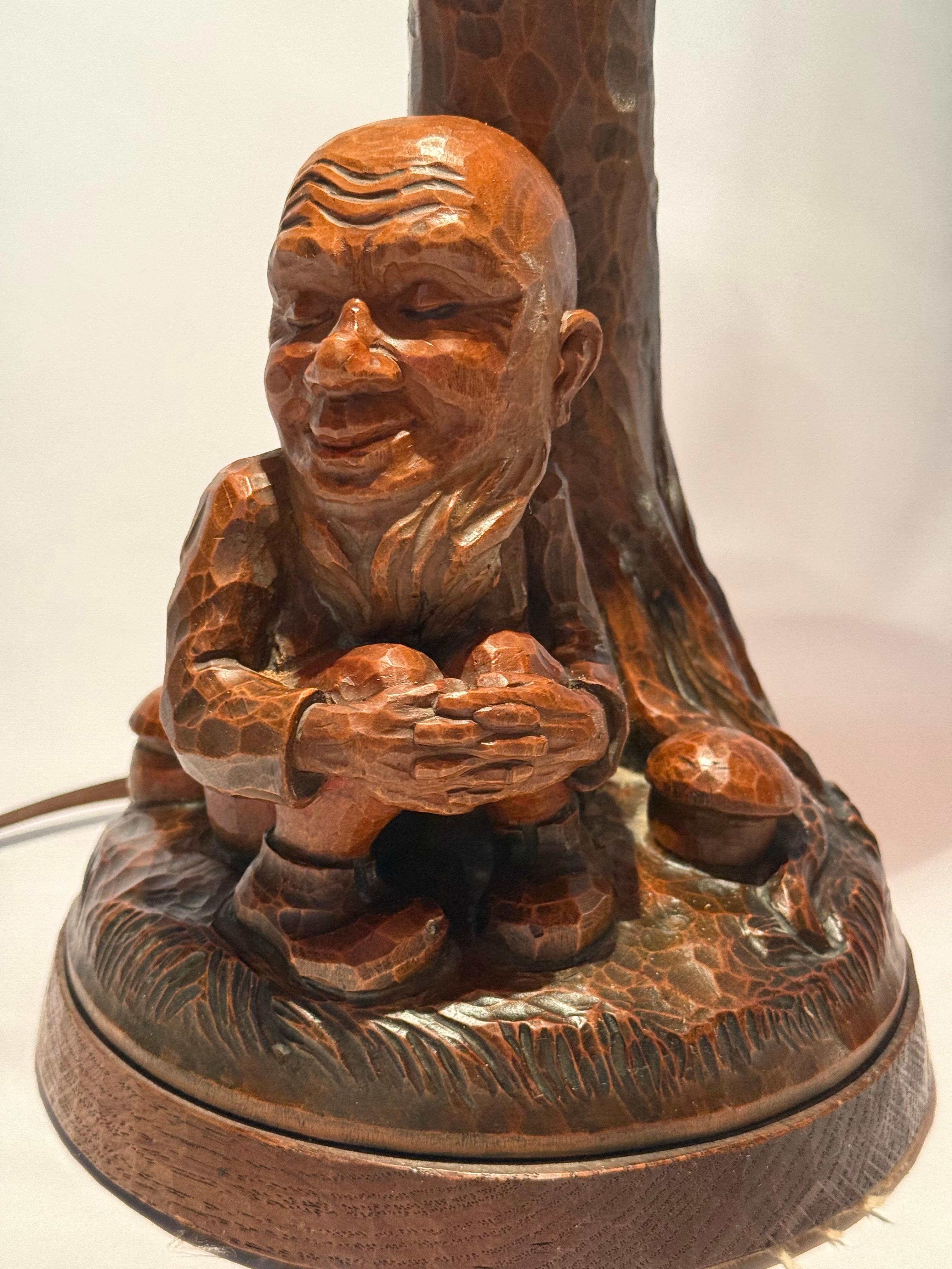 Early 20th Century Table Lamp Black Forest Handcrafted Dwarf and Magic Mushrooms, Germany, 1920s For Sale