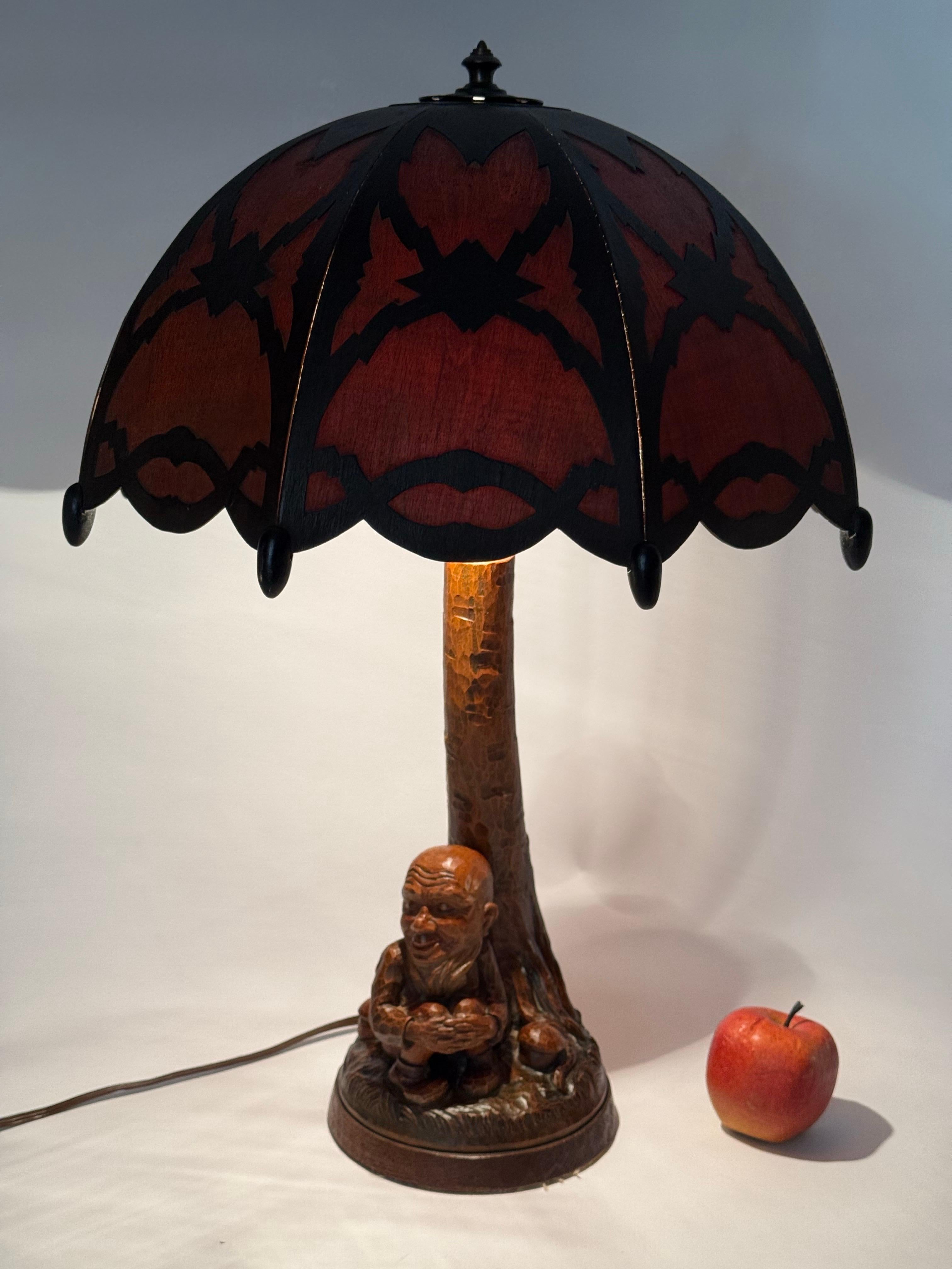 Brass Table Lamp Black Forest Handcrafted Dwarf and Magic Mushrooms, Germany, 1920s For Sale