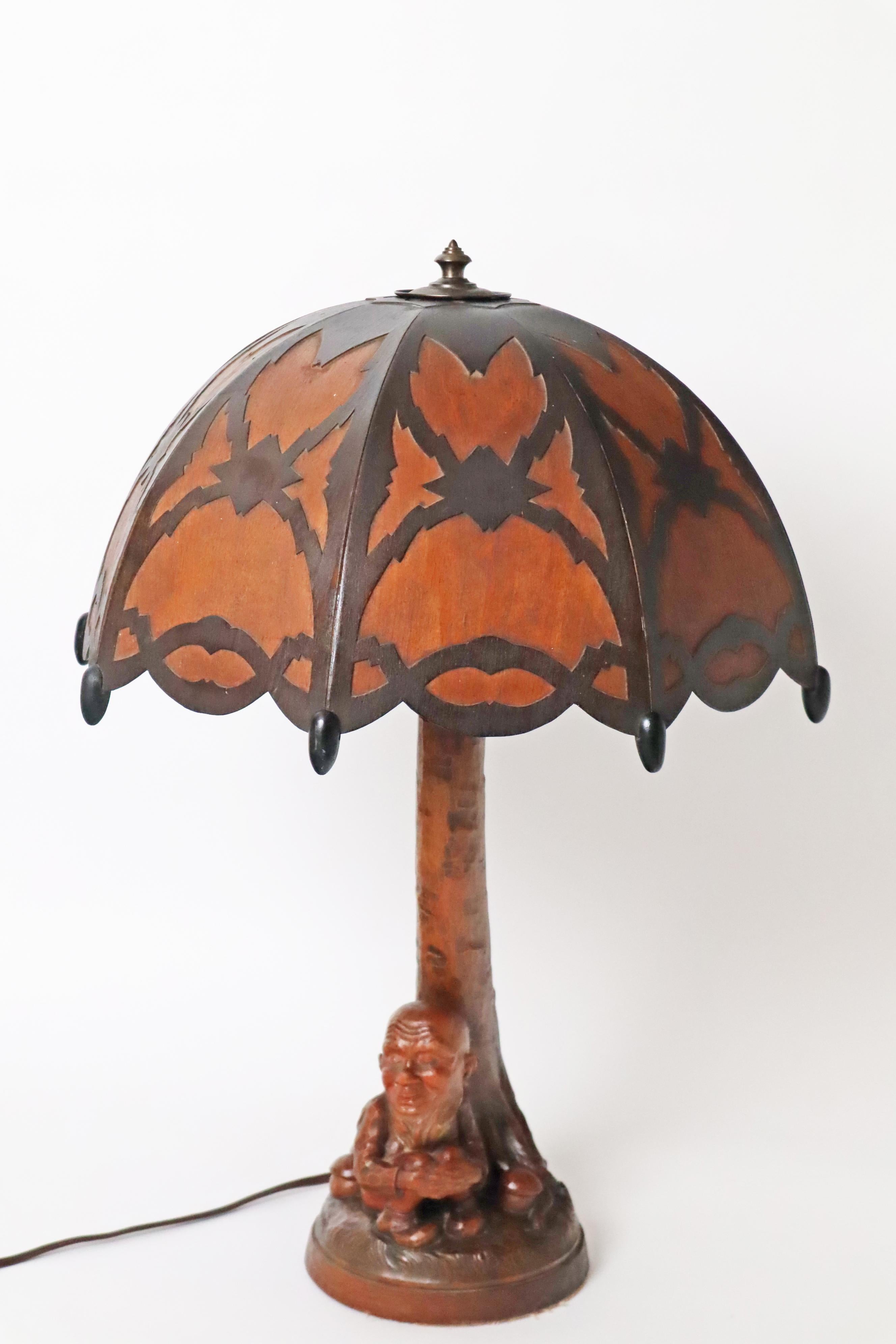 Table Lamp Black Forest Handcrafted Dwarf and Magic Mushrooms, Germany, 1920s For Sale 1