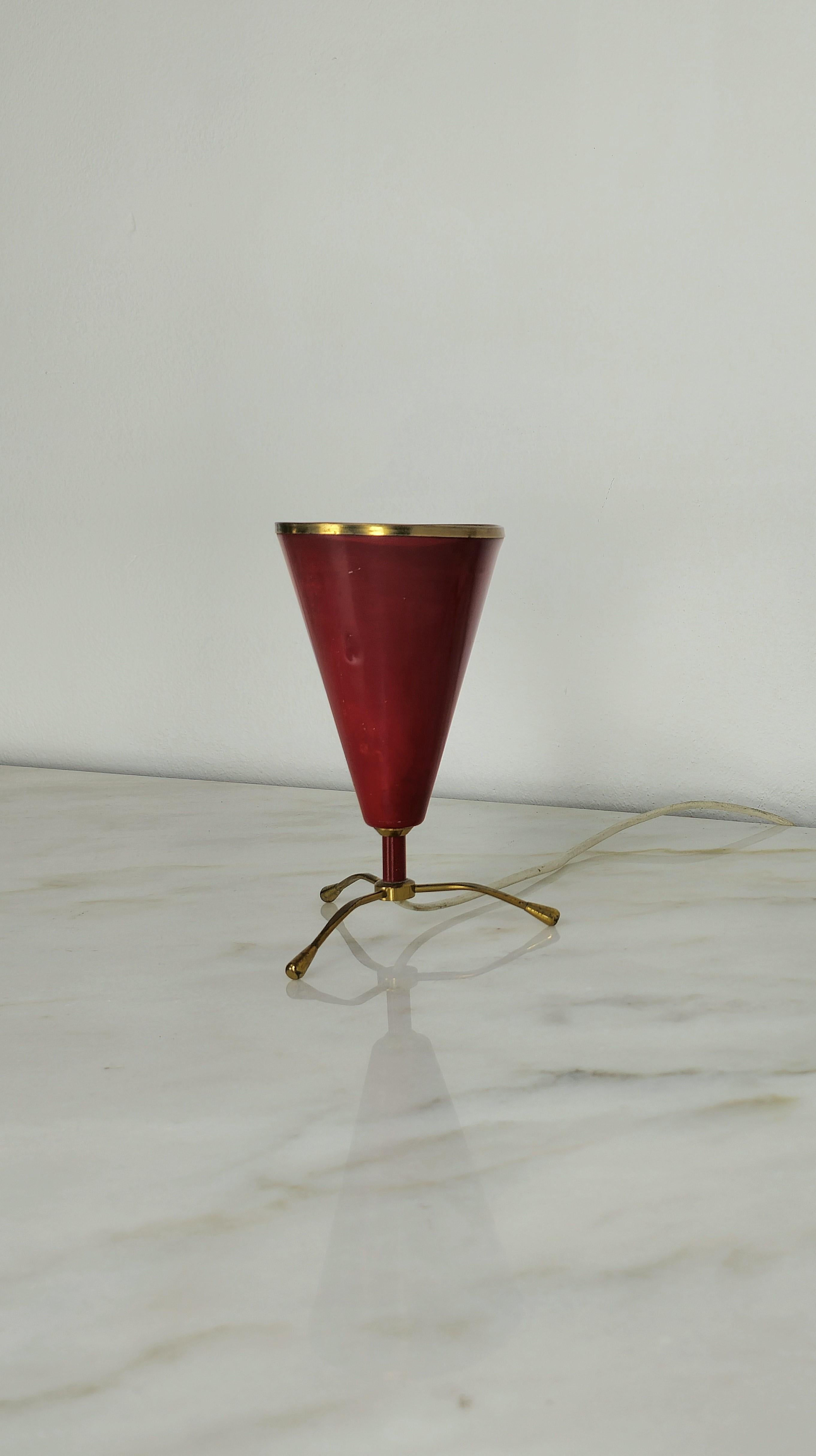 Mid-20th Century Table Lamp Brass Aluminum Red Attributable to Arredoluce Midcentury Italy 50s For Sale