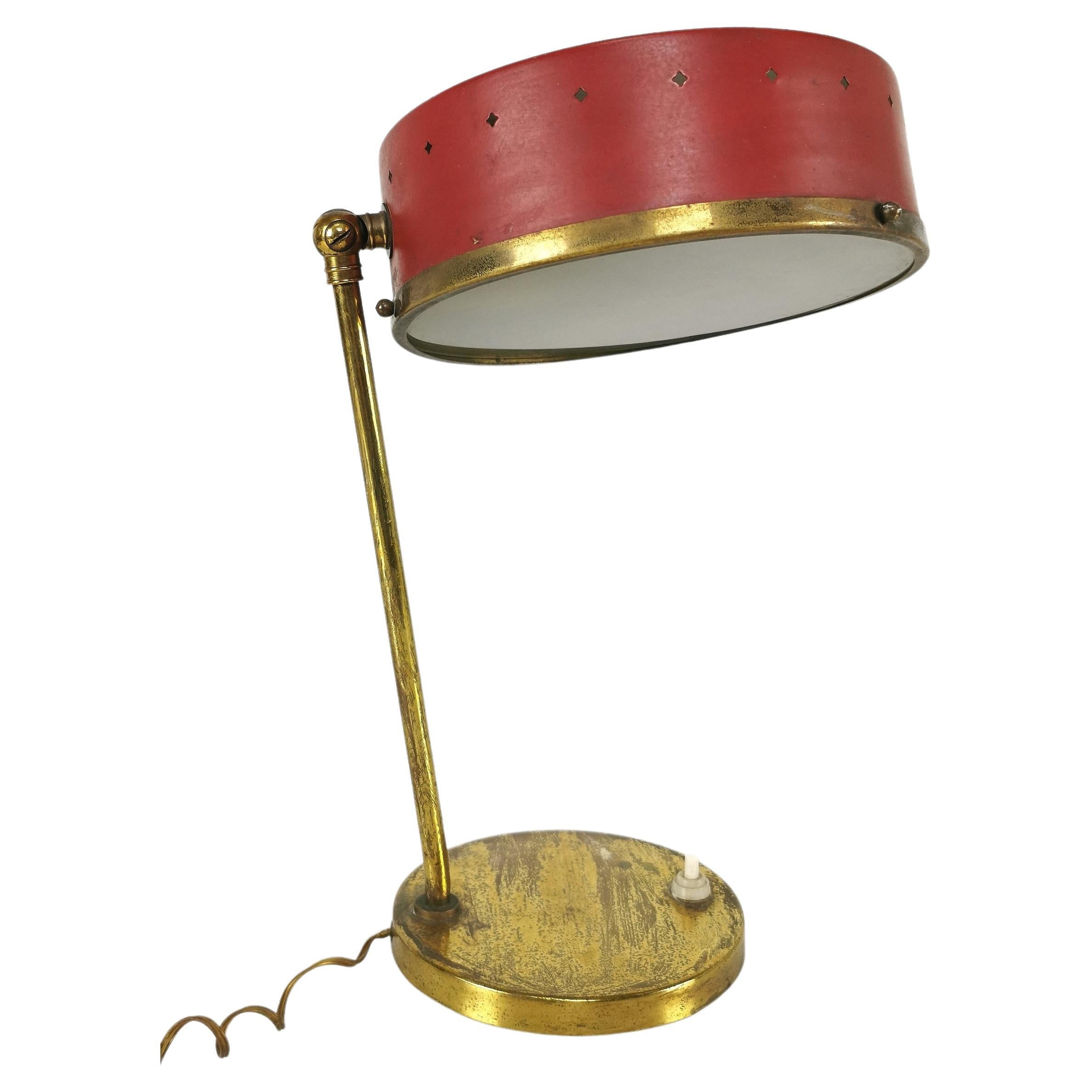 Table Lamp Brass Glass Red Enameled Metal Attributed to Stilnovo Mid-century 50s For Sale
