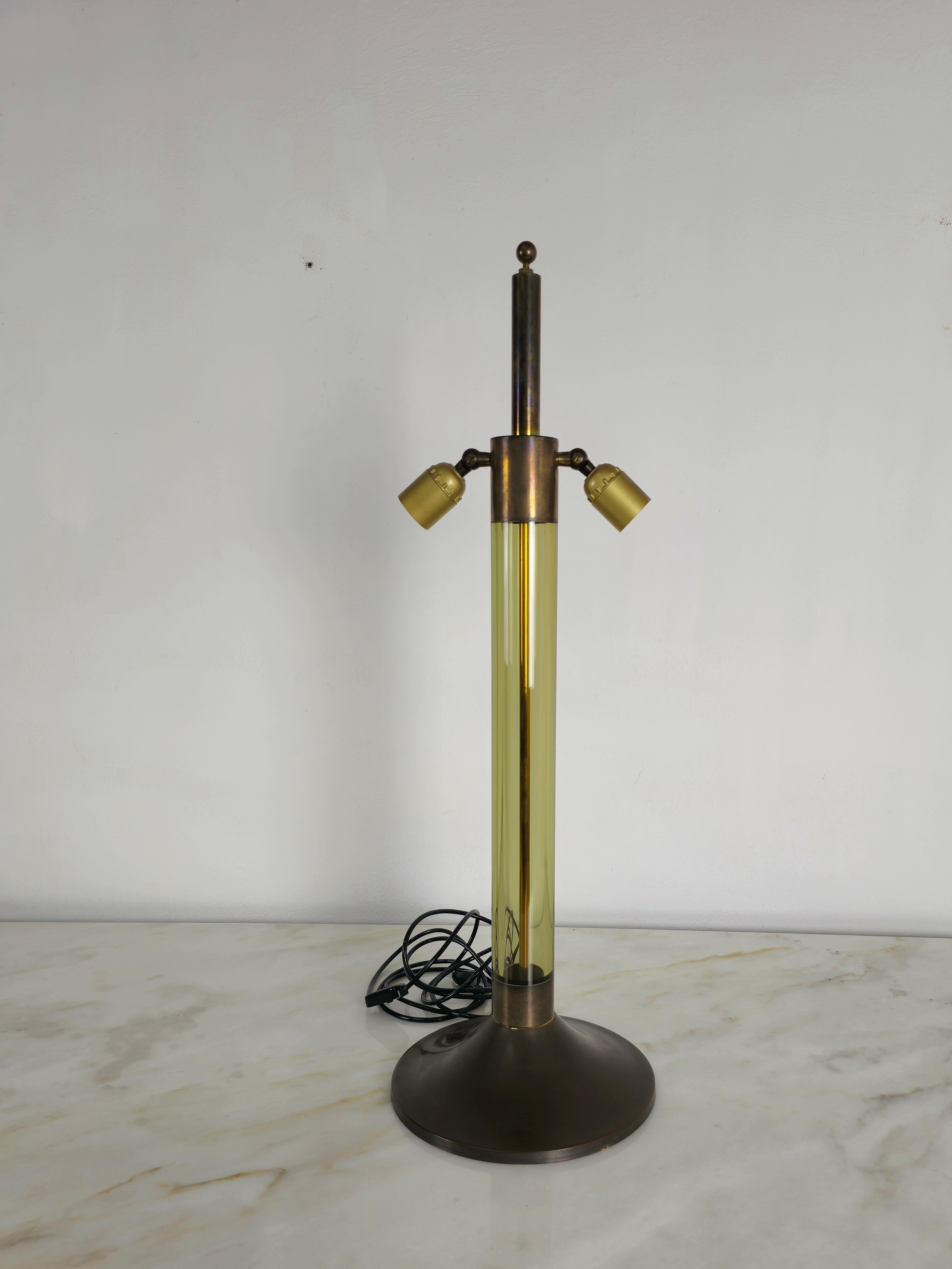 Table lamp Brass Plexiglass Fabric Midcentury Italian Design 1960s 5