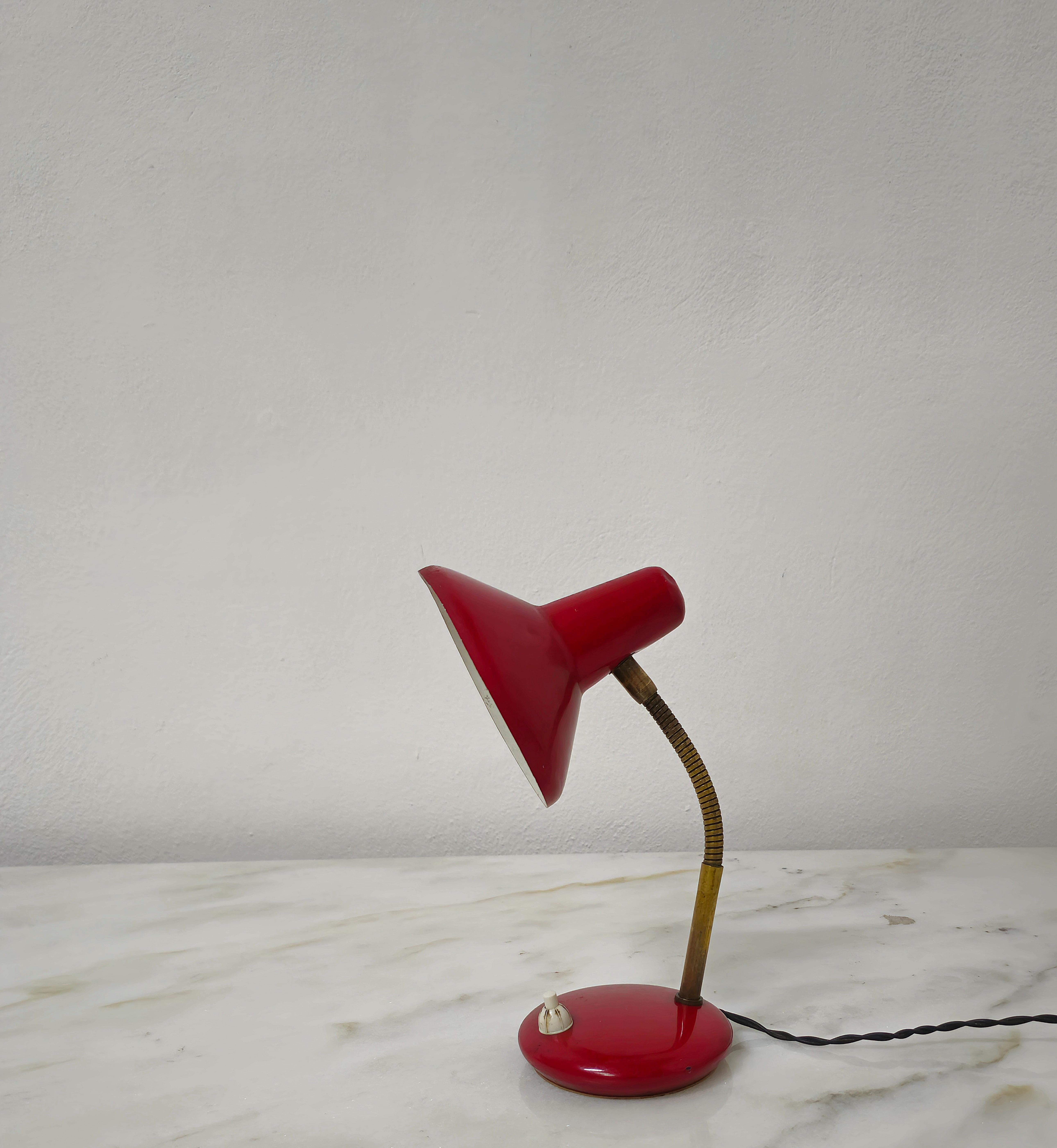 Mid-Century Modern Table Lamp Brass Red Aluminum Adjustable Midcentury Modern Italian Design 1950s For Sale