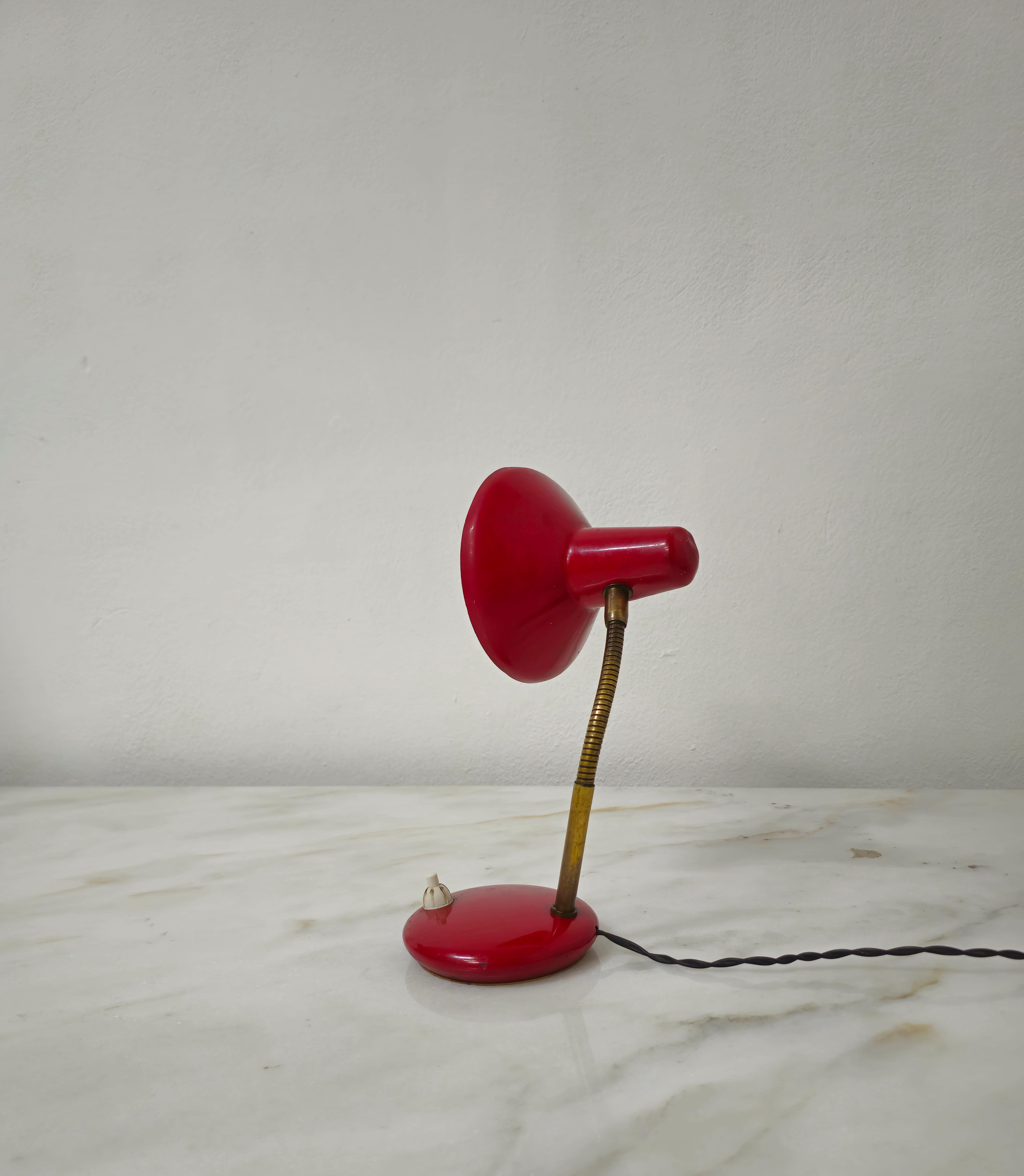 Enameled Table Lamp Brass Red Aluminum Adjustable Midcentury Modern Italian Design 1950s For Sale