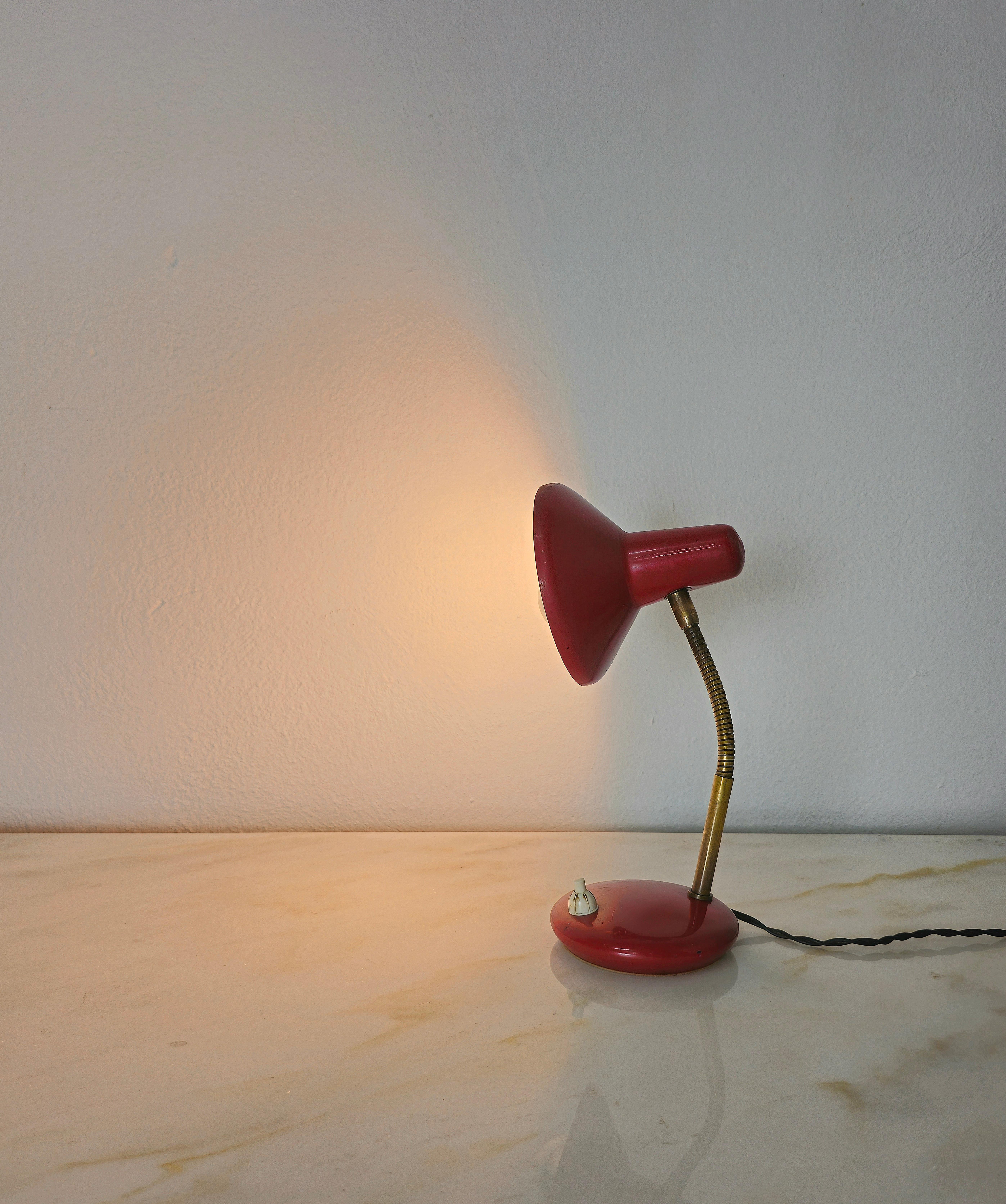 Table Lamp Brass Red Aluminum Adjustable Midcentury Modern Italian Design 1950s In Fair Condition For Sale In Palermo, IT