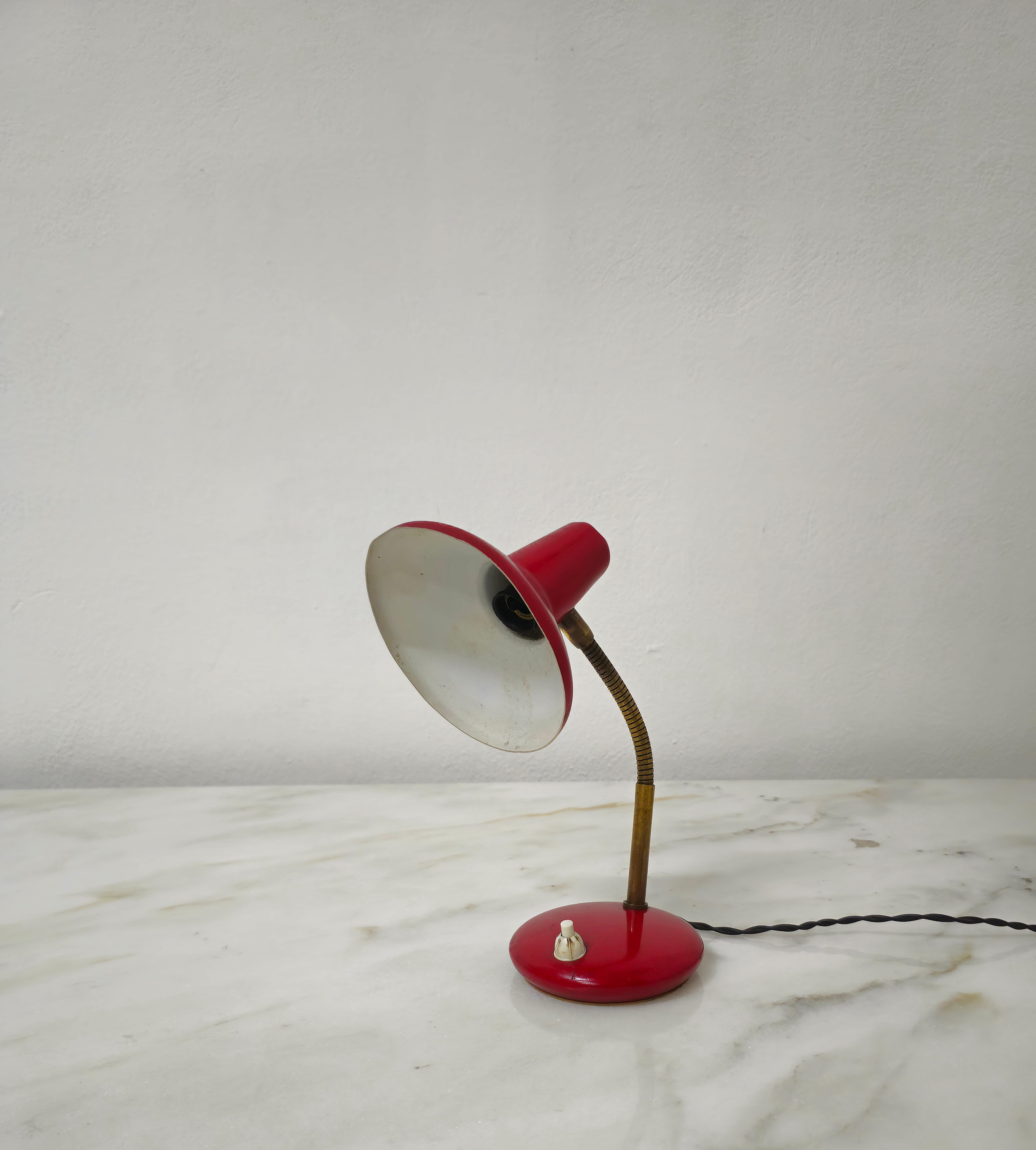 Table Lamp Brass Red Aluminum Adjustable Midcentury Modern Italian Design 1950s For Sale 2