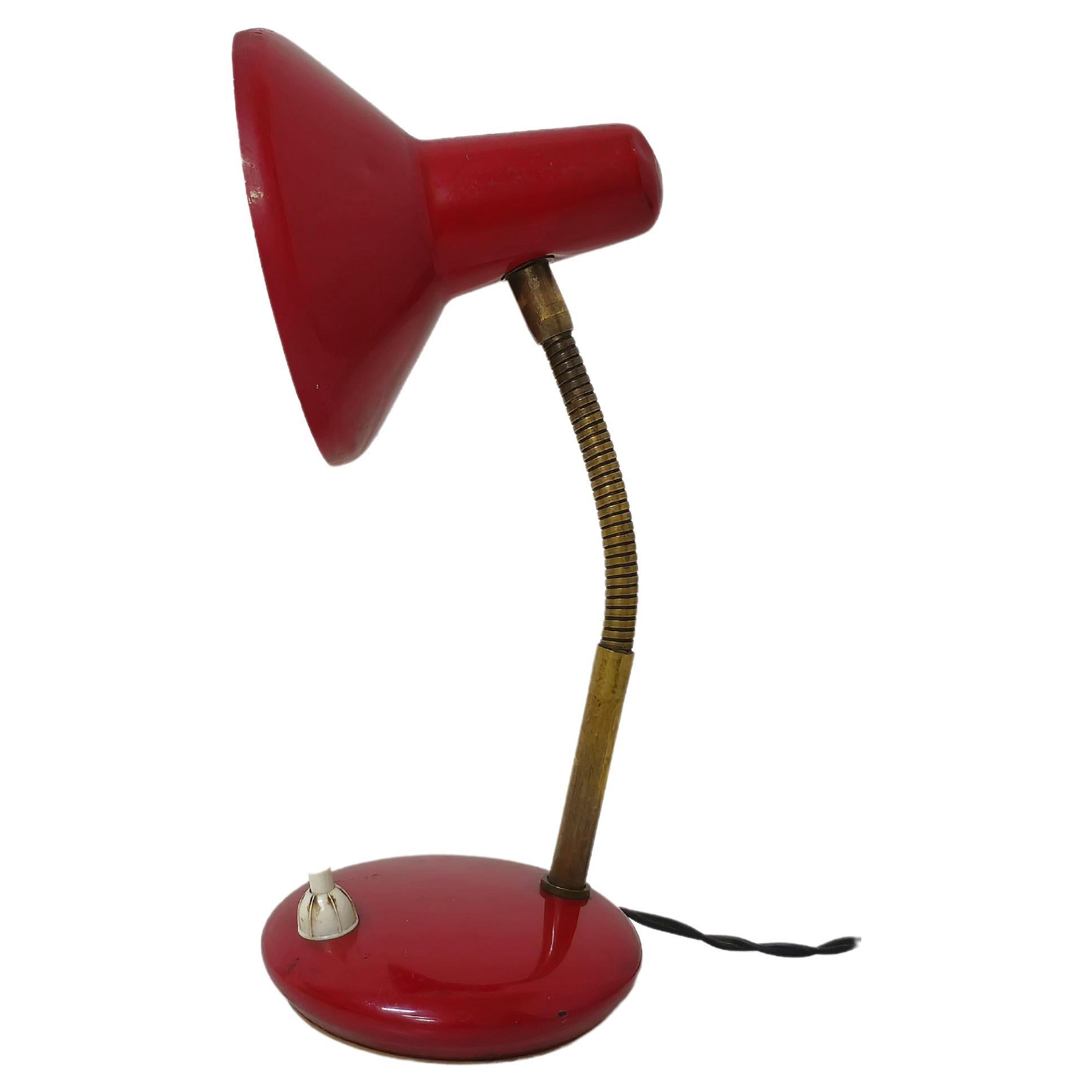 Table Lamp Brass Red Aluminum Adjustable Midcentury Modern Italian Design 1950s For Sale