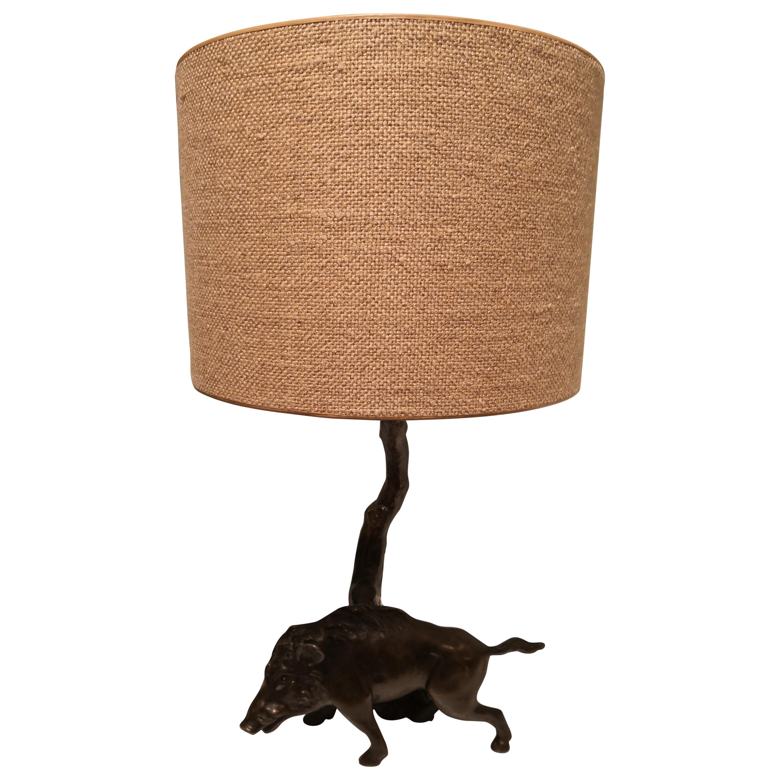 Table Lamp Bronze with Wild Boar Figure German Black Forest