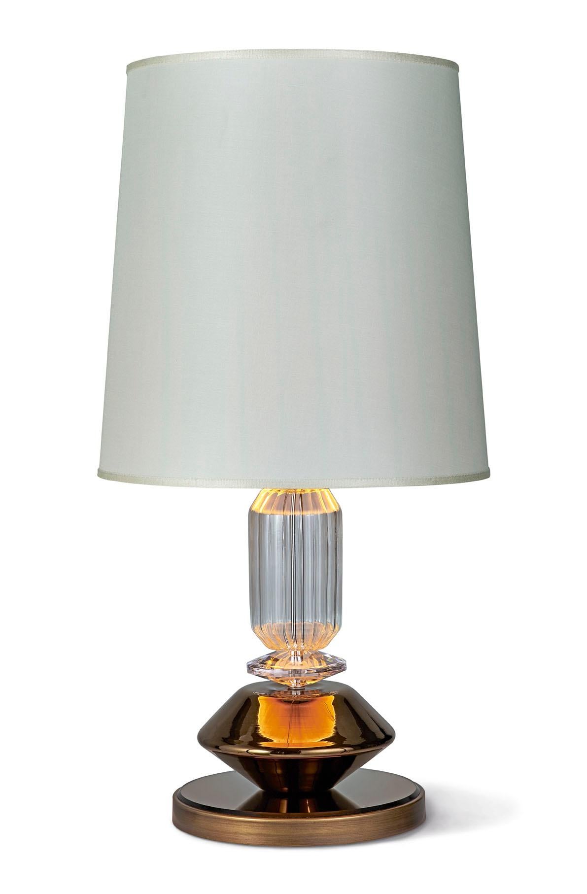 Italian Table Lamp Bronzed or Chromed Metal Frame Amber or Smoked Glass Pyrex Glass For Sale