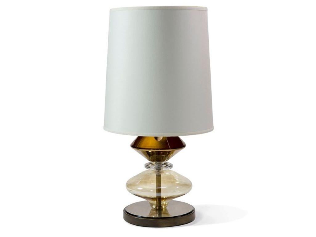 Effet bronze Lampe de bureau avec cadre en métal bronzé ou chromé, verre ambré ou verre fumé Pyrex Glass en vente