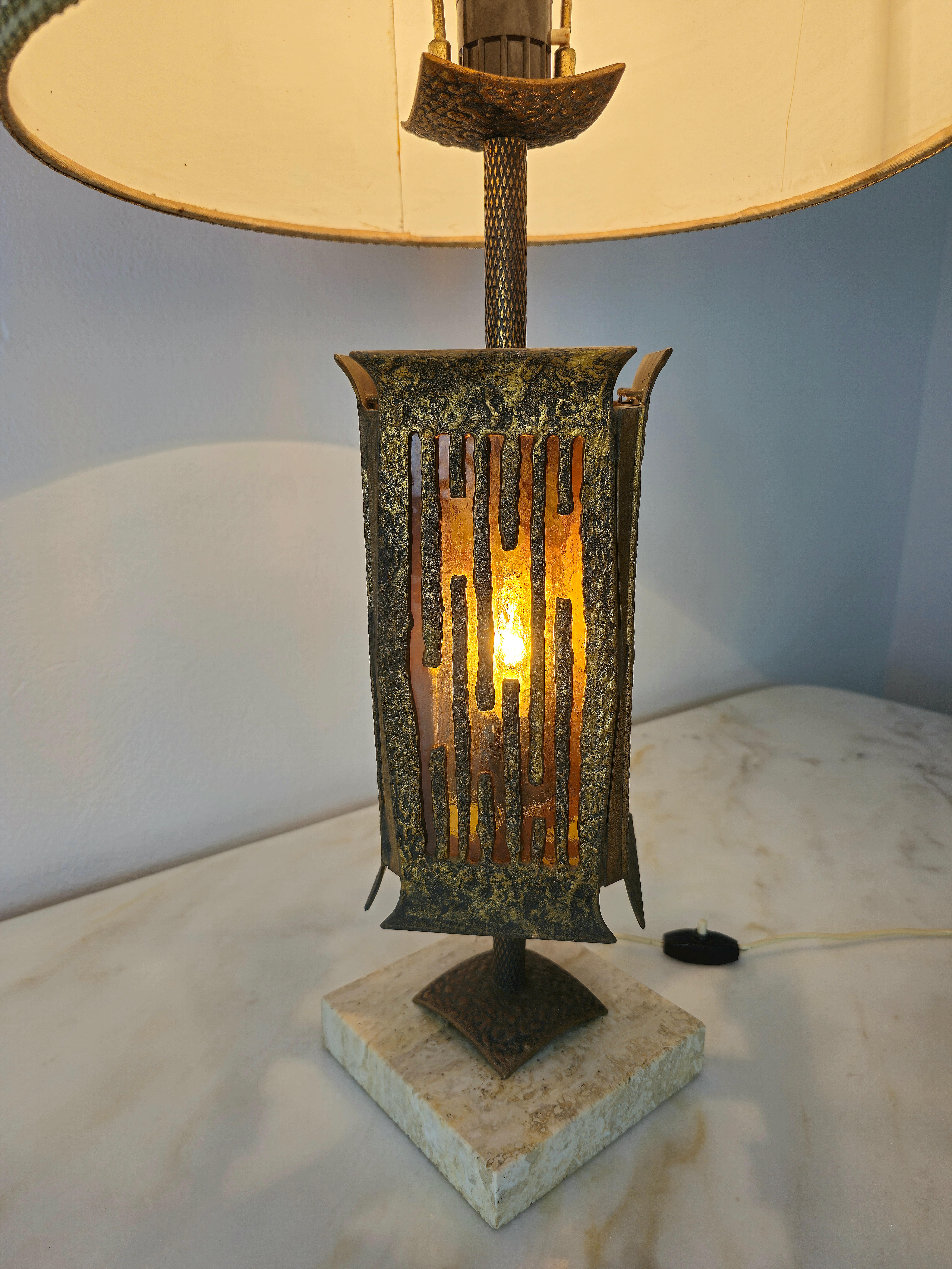 Italian Table Lamp Brutalist Albano Poli for Poliarte Bronze Glass Midcentury Italy 1970 For Sale
