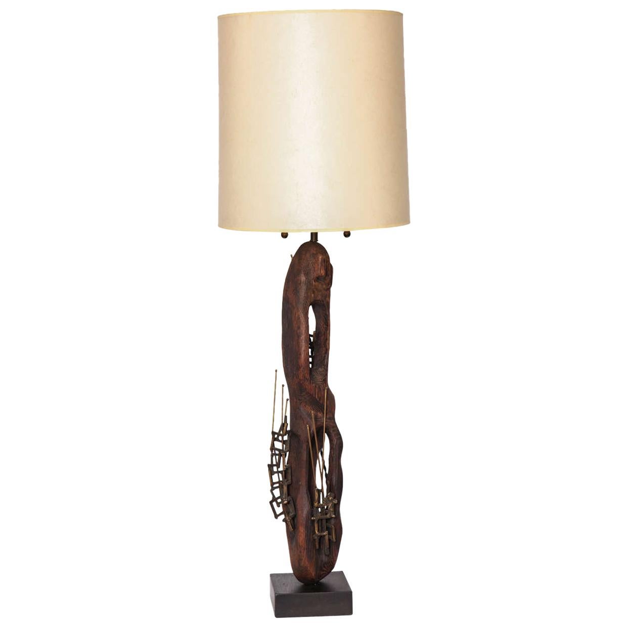 Table Lamp Brutalist Mid-Century Modern Patinated Iron and Wood, 1960s For Sale