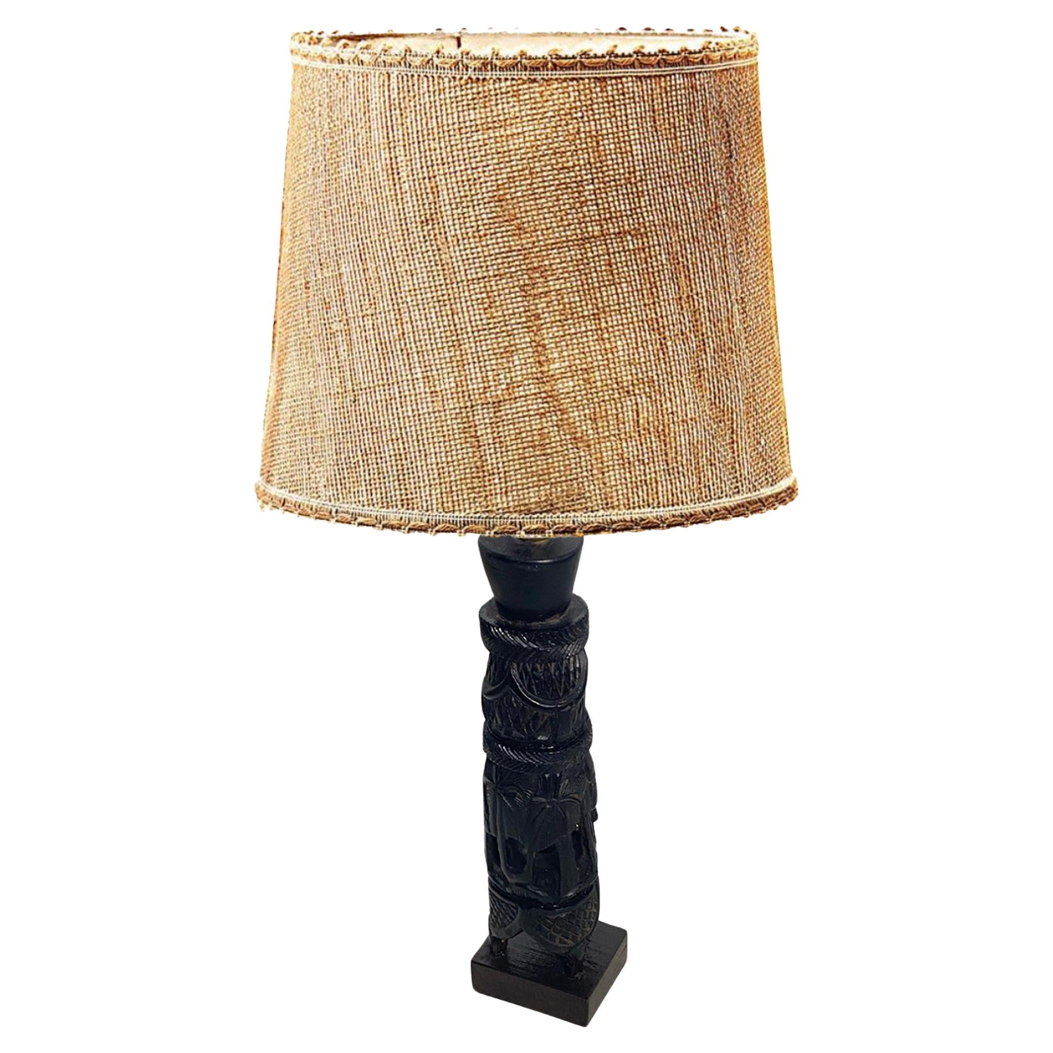 French Table Lamp, Brutalist wood, Brown color France 20th Century For Sale