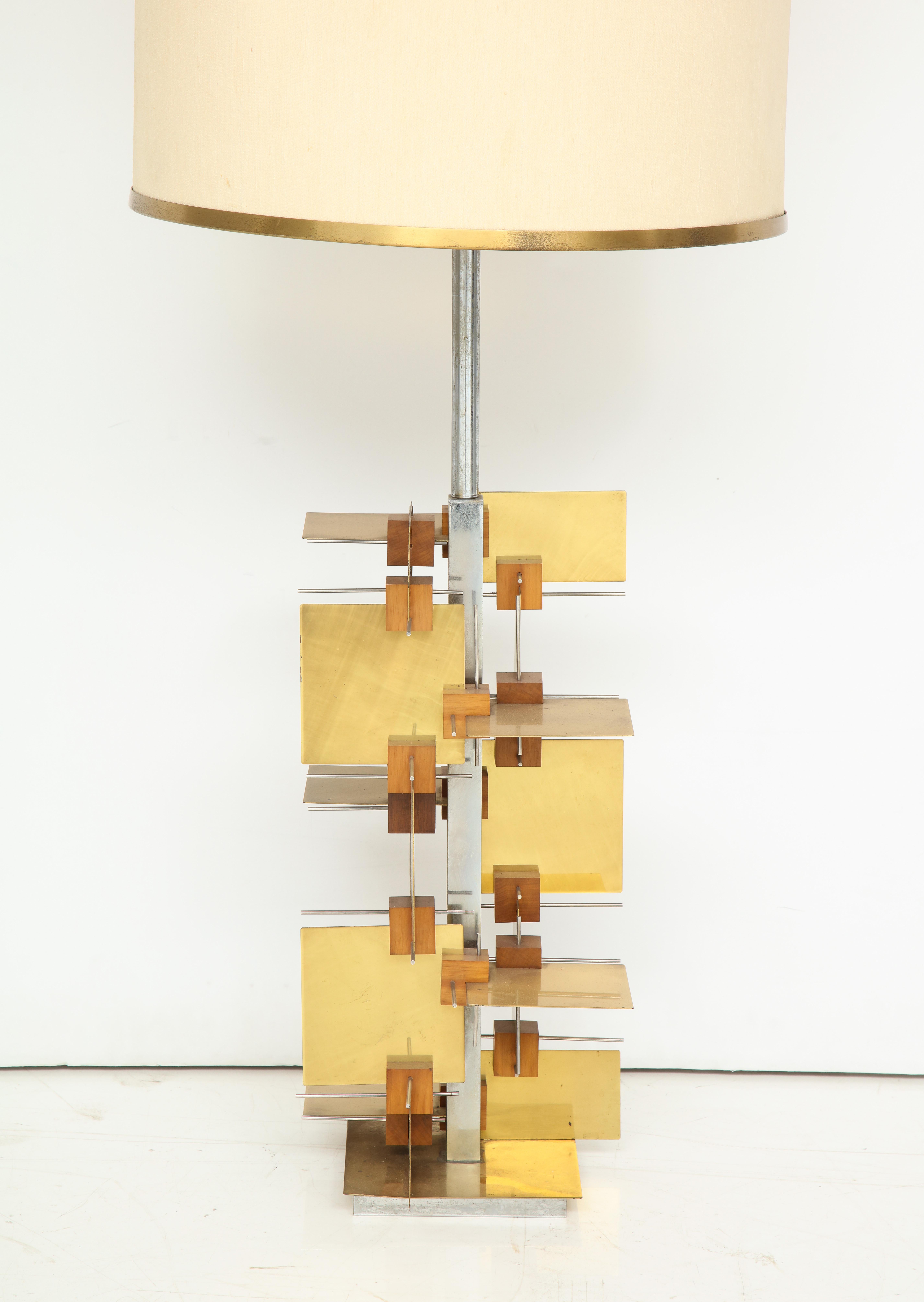 Rare Large Lamp from the system series by Gaetano Sciolari. Brass planes intersecting wooden cubes, accented with steel rods. The use of wood is a very early version of these designs by Schiolari. Please note that the shipping quote is computer
