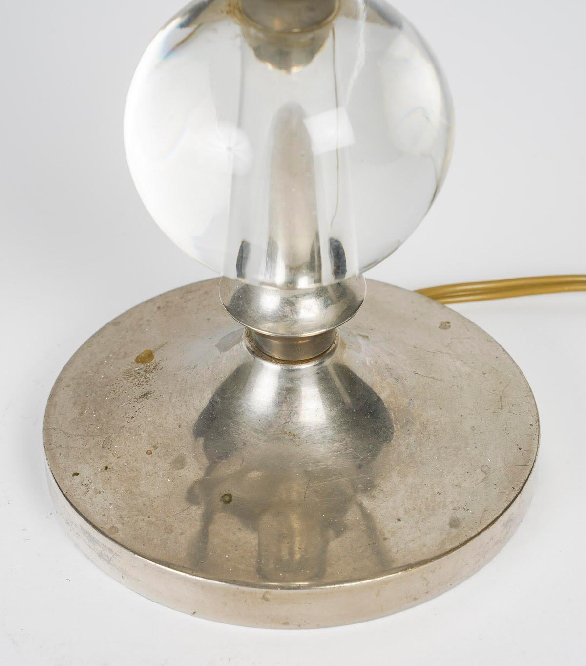 Plated Table Lamp by Jacques Adnet in Silvered Metal and Crystal Boulle. For Sale