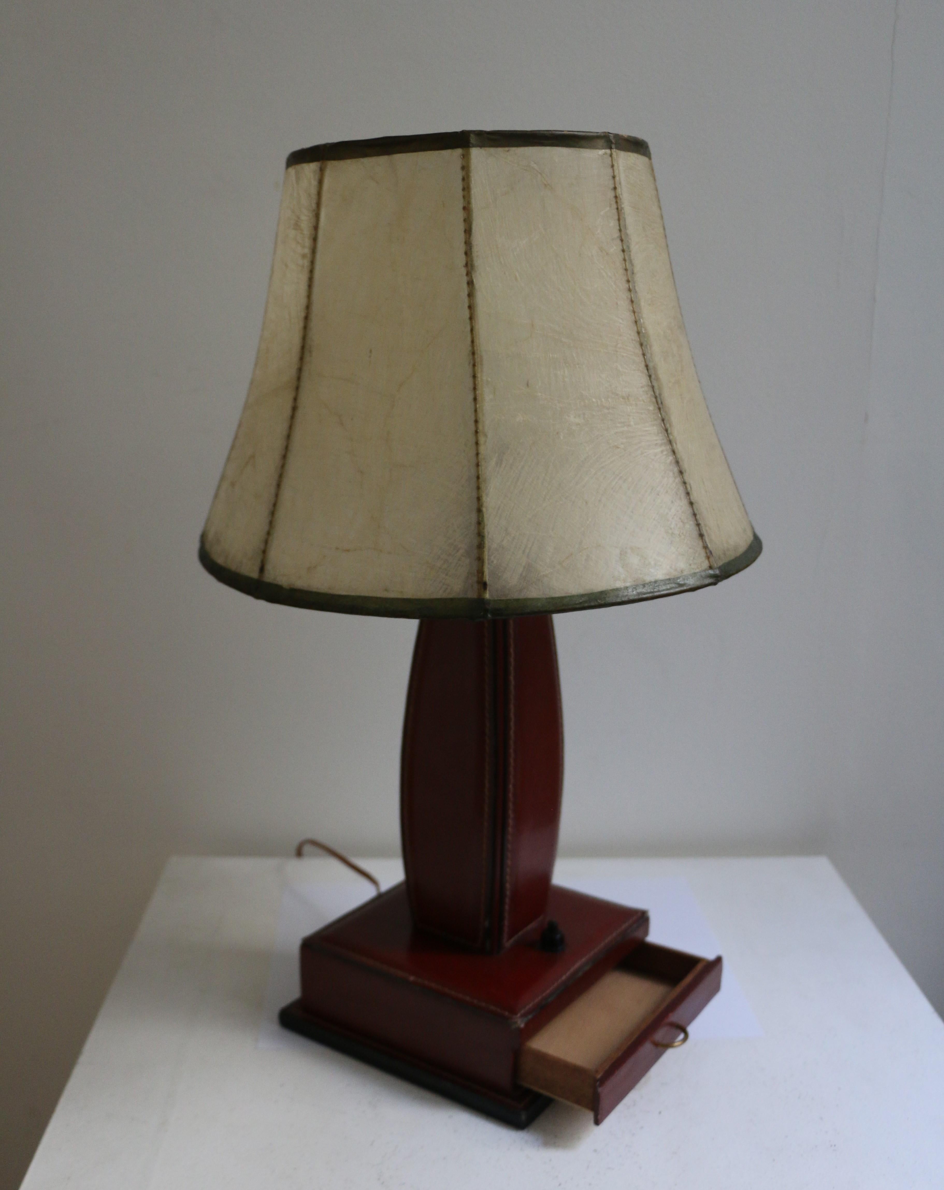 Mid-Century Modern Table Lamp by Jacques Adnet, Stitched Leather, France, 1950s