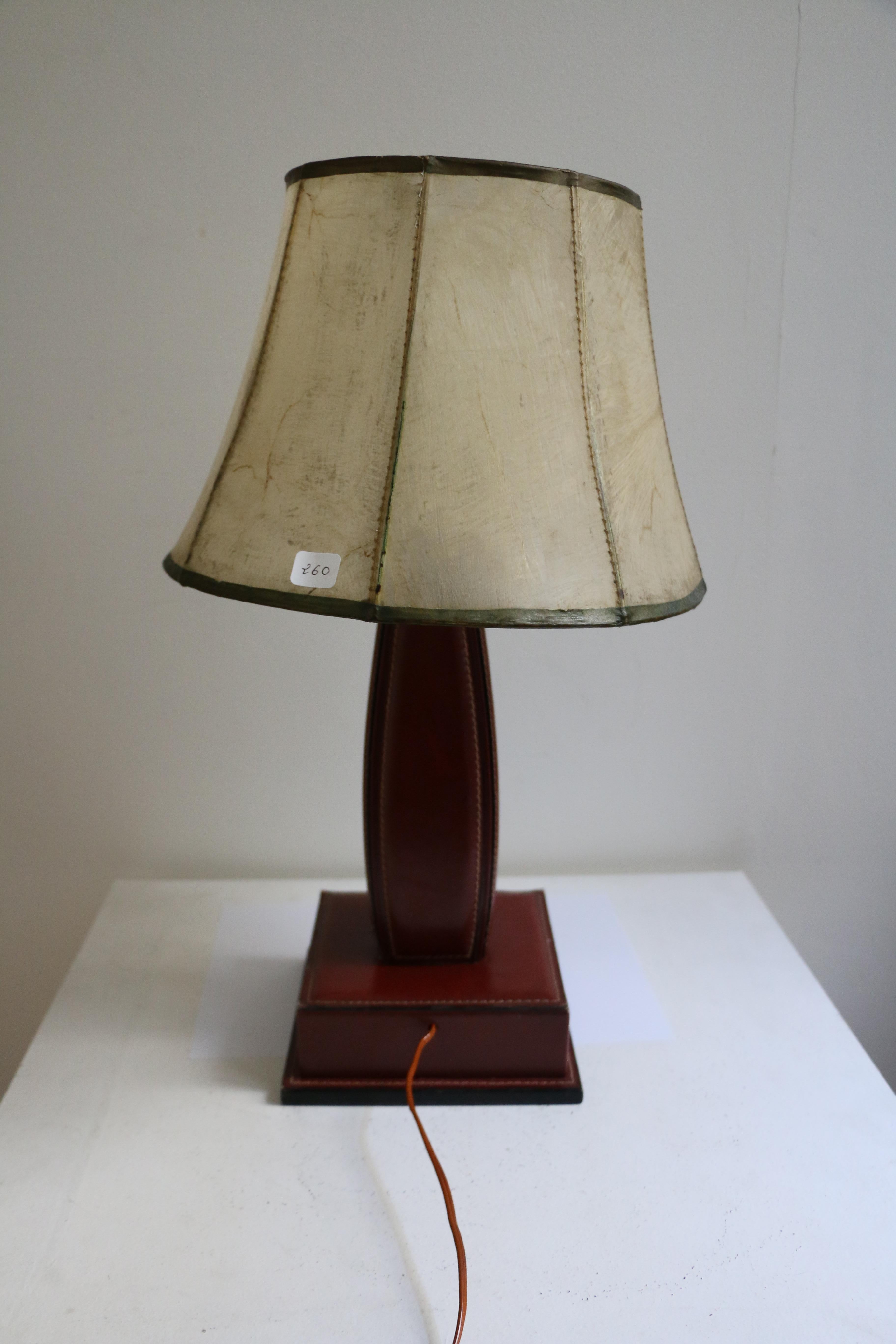 French Table Lamp by Jacques Adnet, Stitched Leather, France, 1950s