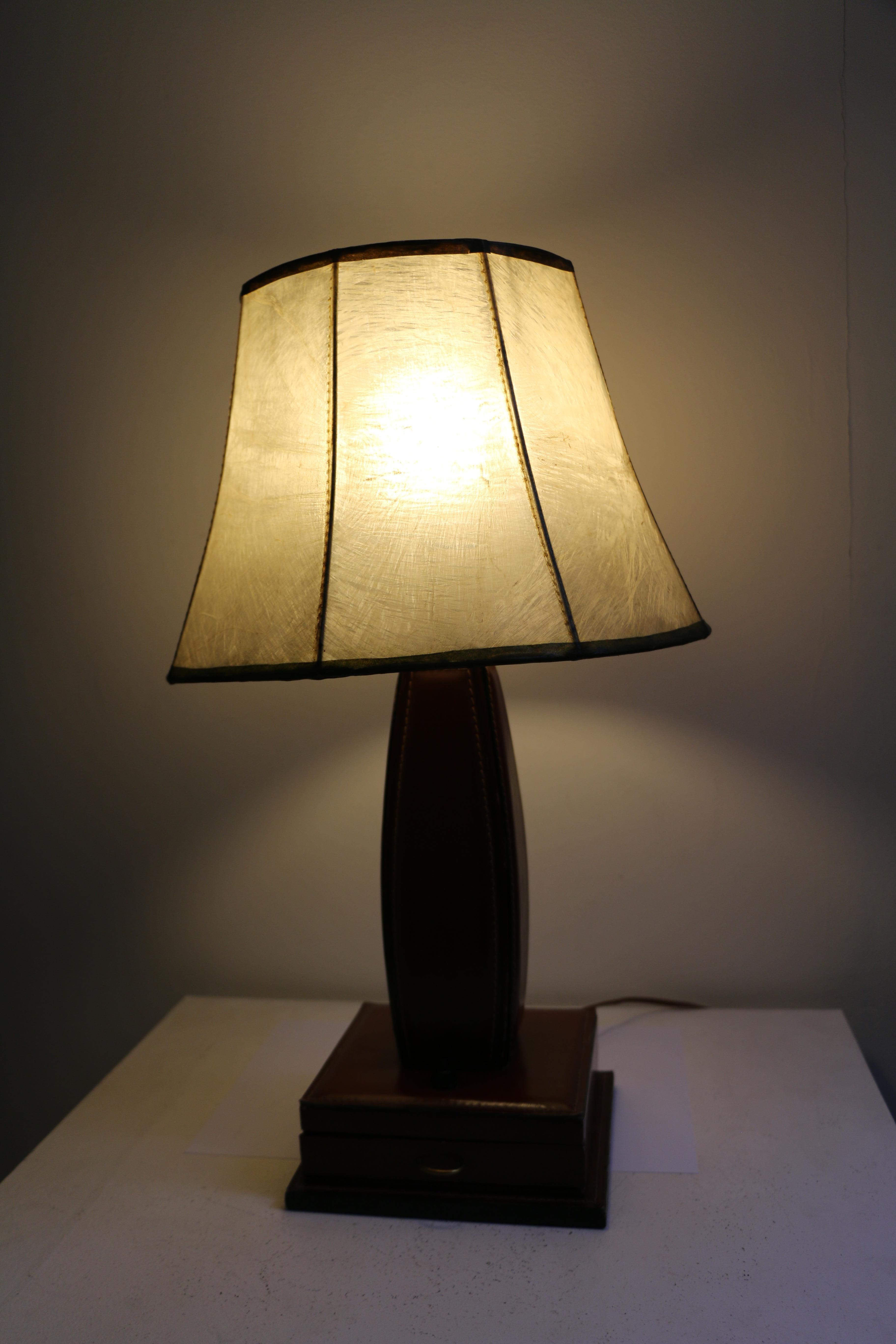 Mid-20th Century Table Lamp by Jacques Adnet, Stitched Leather, France, 1950s