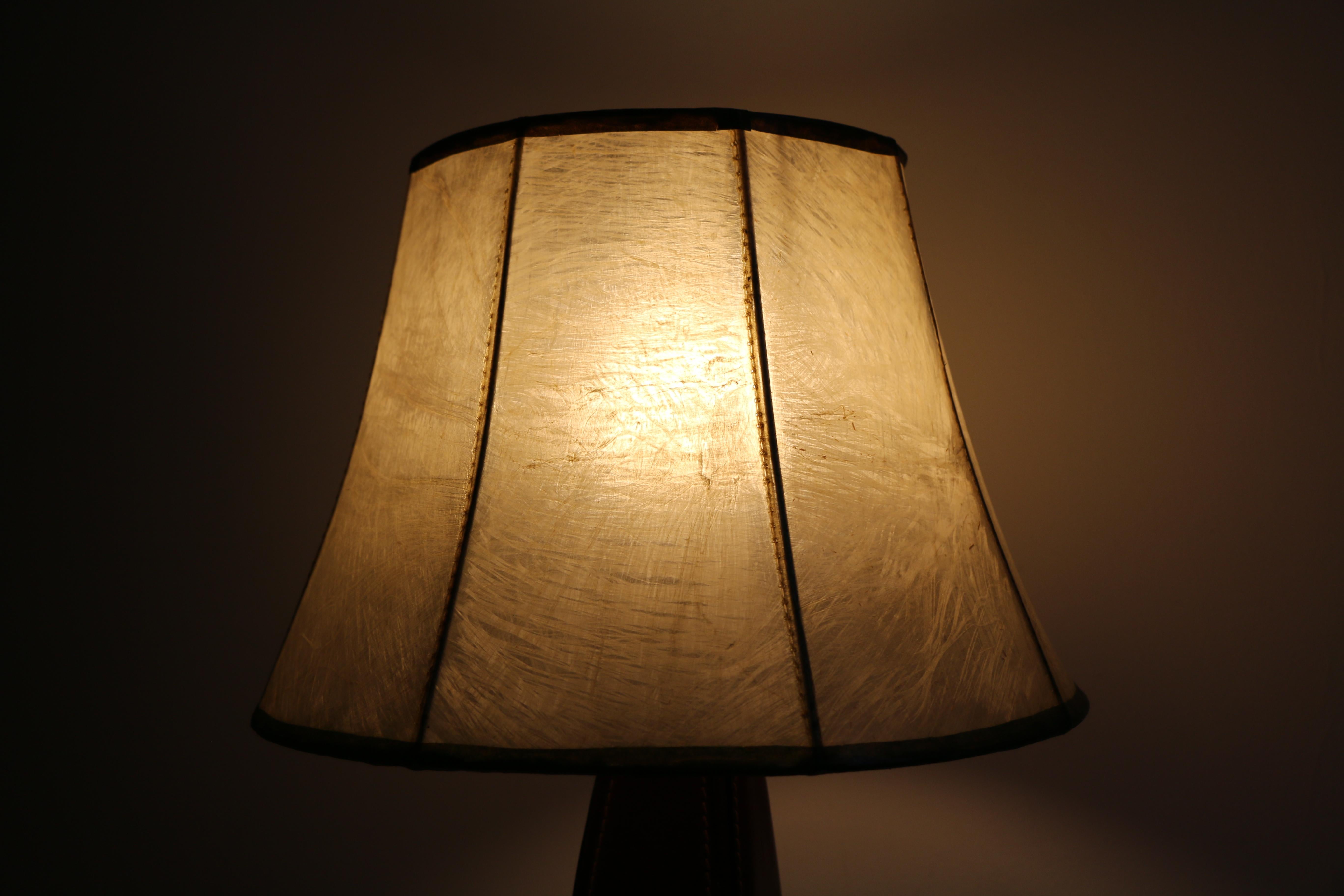 Brass Table Lamp by Jacques Adnet, Stitched Leather, France, 1950s