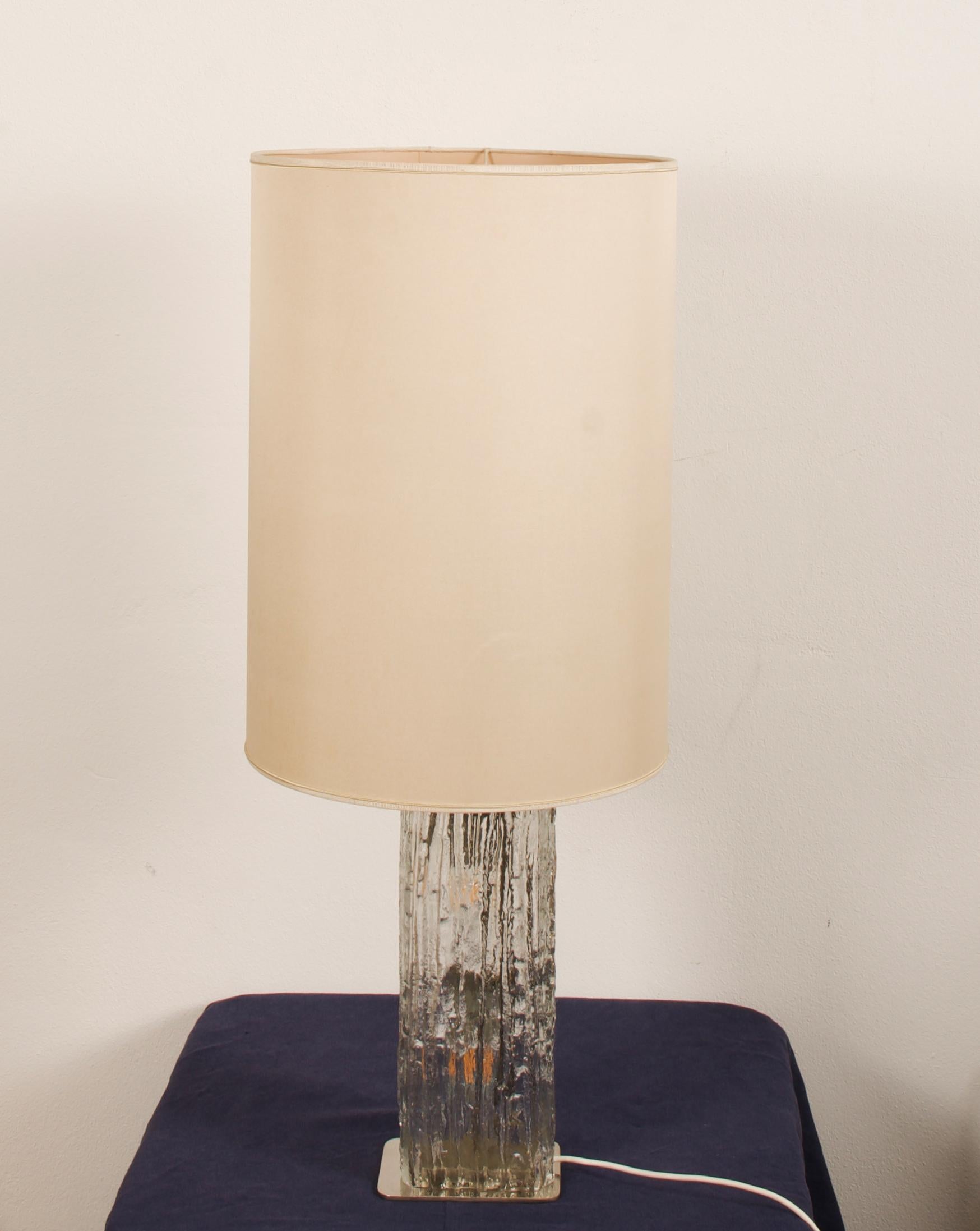 Brass Table Lamp by Kalmar Frankenberg with an Illuminated Ice Glass Stand For Sale