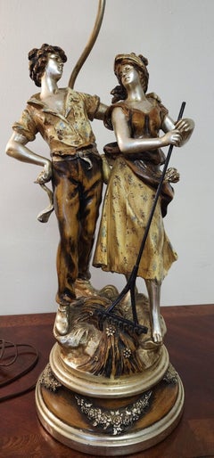Table Lamp by L & F Moreau Farm Boy Girl Rare