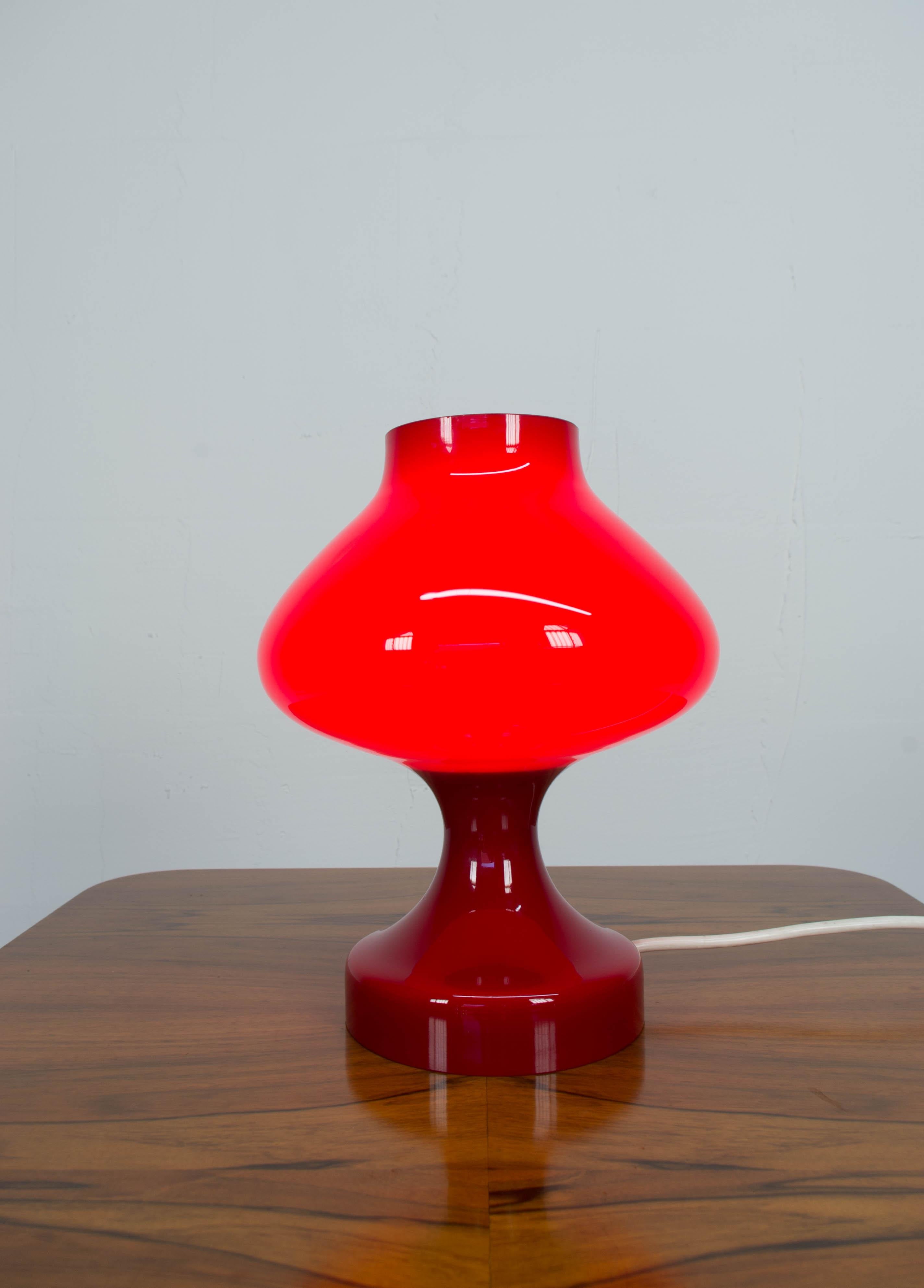 Glass table lamp designed by Stepan Tabera for Czechoslovakian company OPP Jihlava in early 1970s. Two layers of glass - white inside and red outside. 220V, E27. Very good condition, no defects on glass.