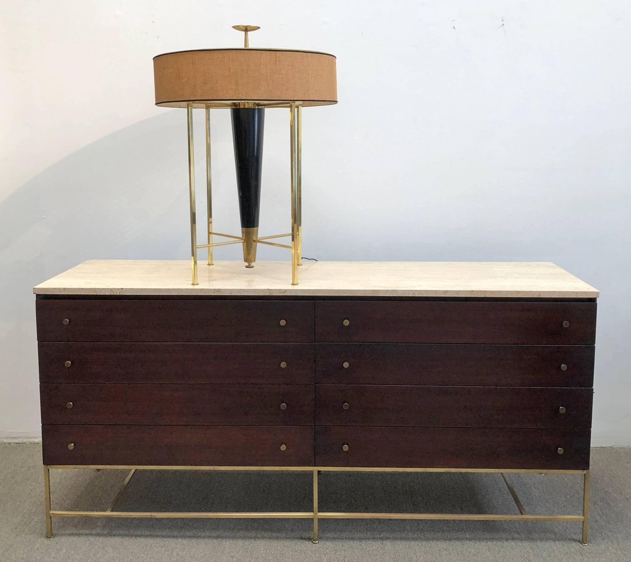 Large modern table lamp signed Stiffel. All original parts and in original condition. This is an exceptional example of Mid-Century Modern design. Brass with lacquered wood centre cone. Features two deflector shades and the original grass cloth