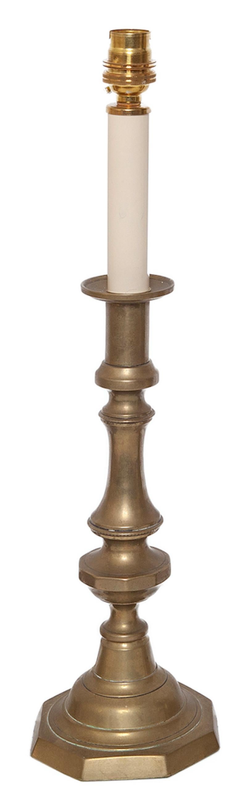 English Table Lamp Candlesticks Pair Brass Turned For Sale