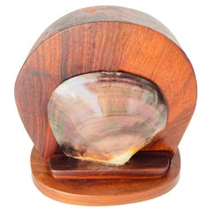 Table Lamp Carved in Wood with Shell Shade Brown Color, France, 1950