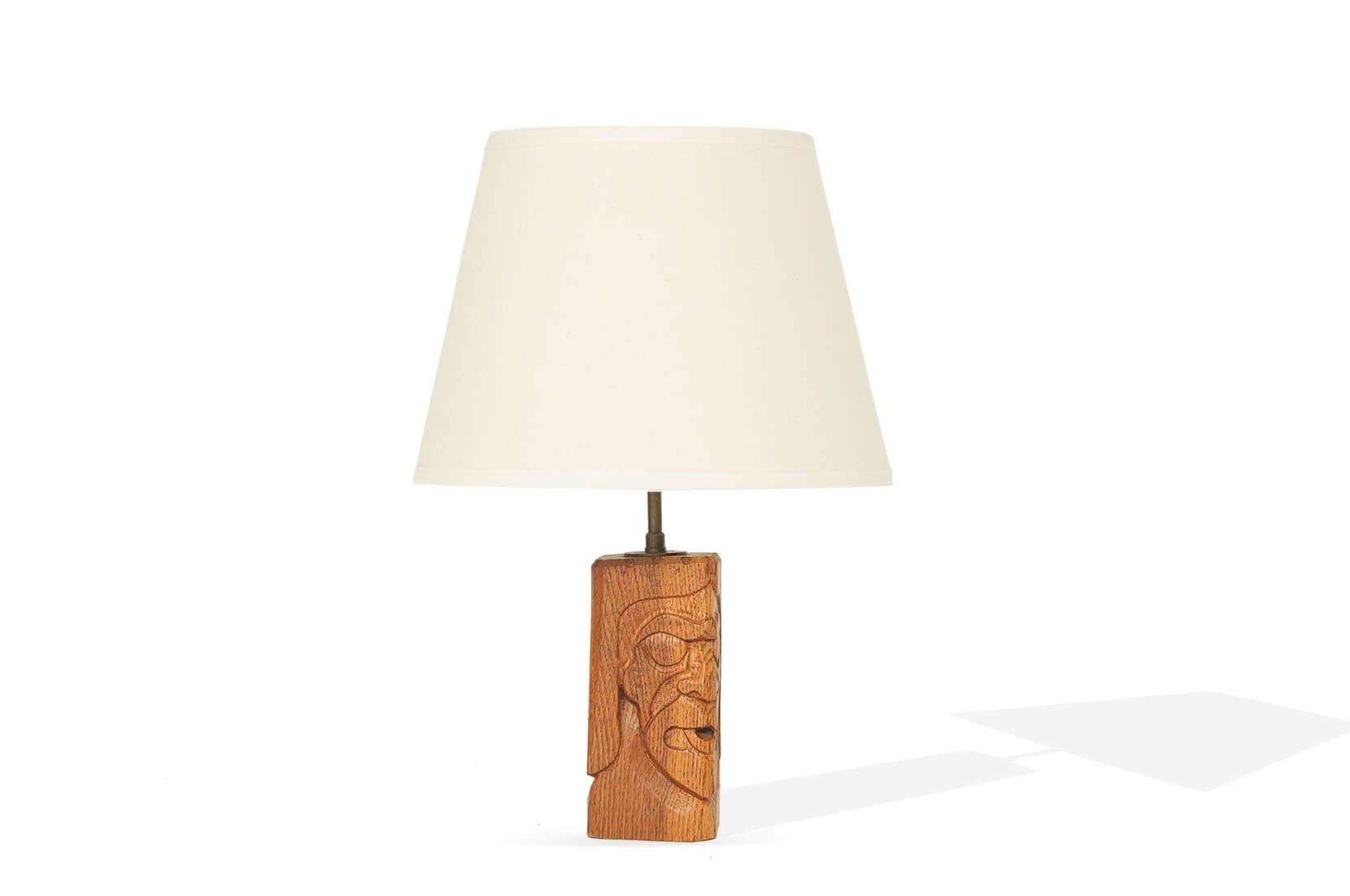 Mid-20th Century Table Lamp Carved in Wood, with White Shade and Brass Tube, Signed, France 1950