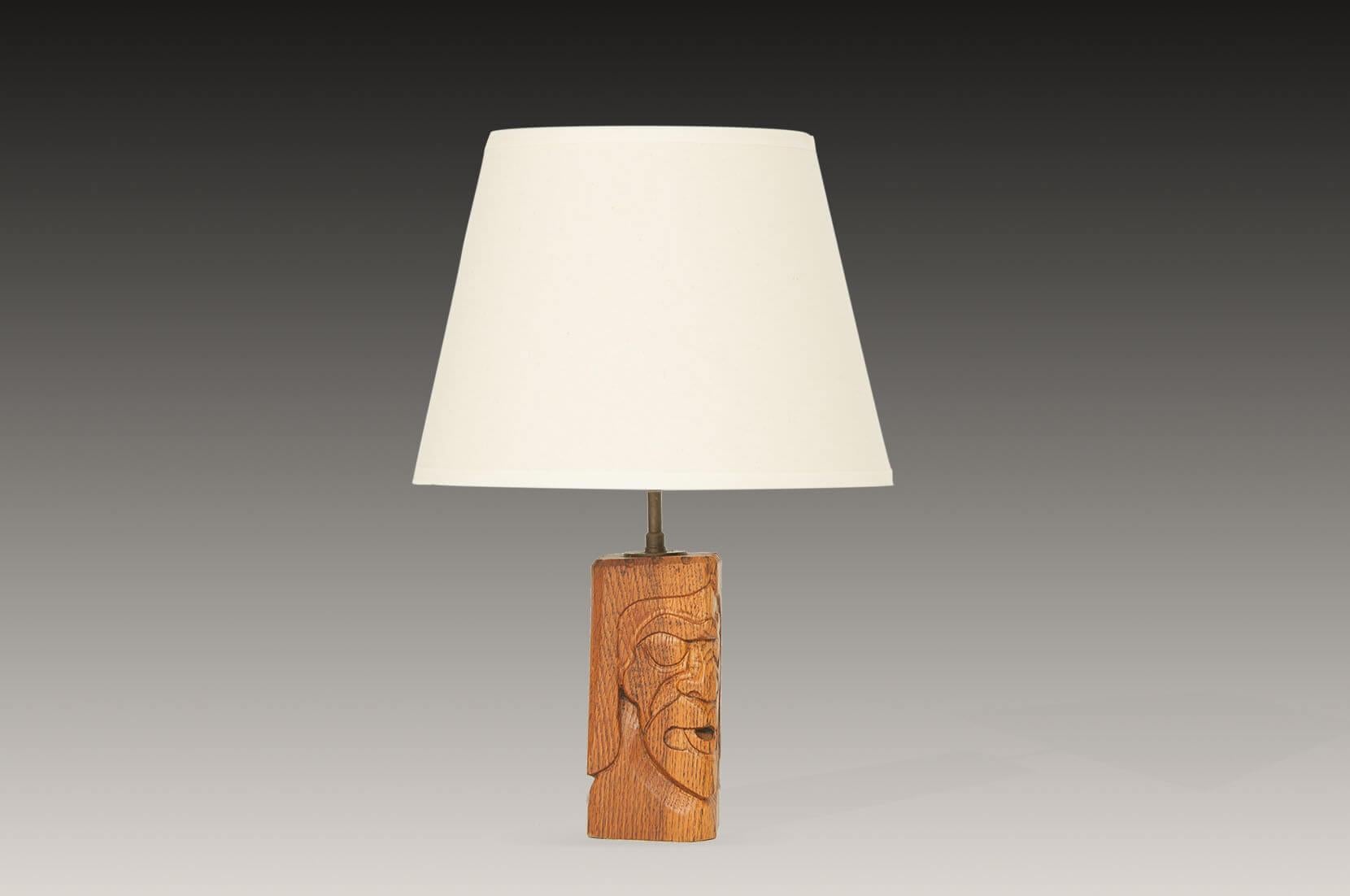 Oak Table Lamp Carved in Wood, with White Shade and Brass Tube, Signed, France 1950