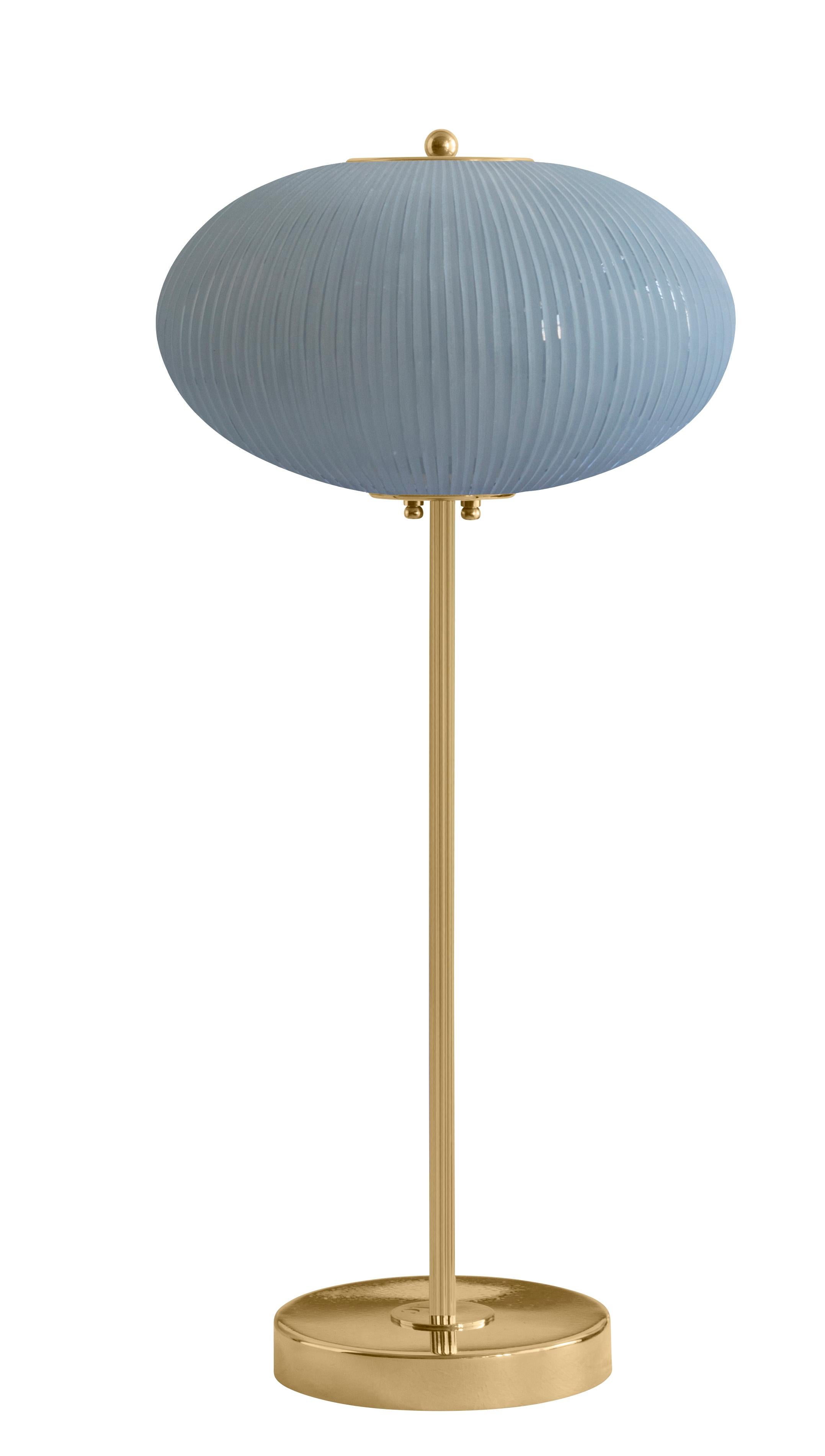 Table lamp China 07 by Magic Circus Editions
Dimensions: H 70 x W 32 x D 32 cm
Materials: Brass, mouth blown glass sculpted with a diamond saw
Colour: opal grey

Available finishes: Brass, nickel
Available colours: enamel soft white, soft
