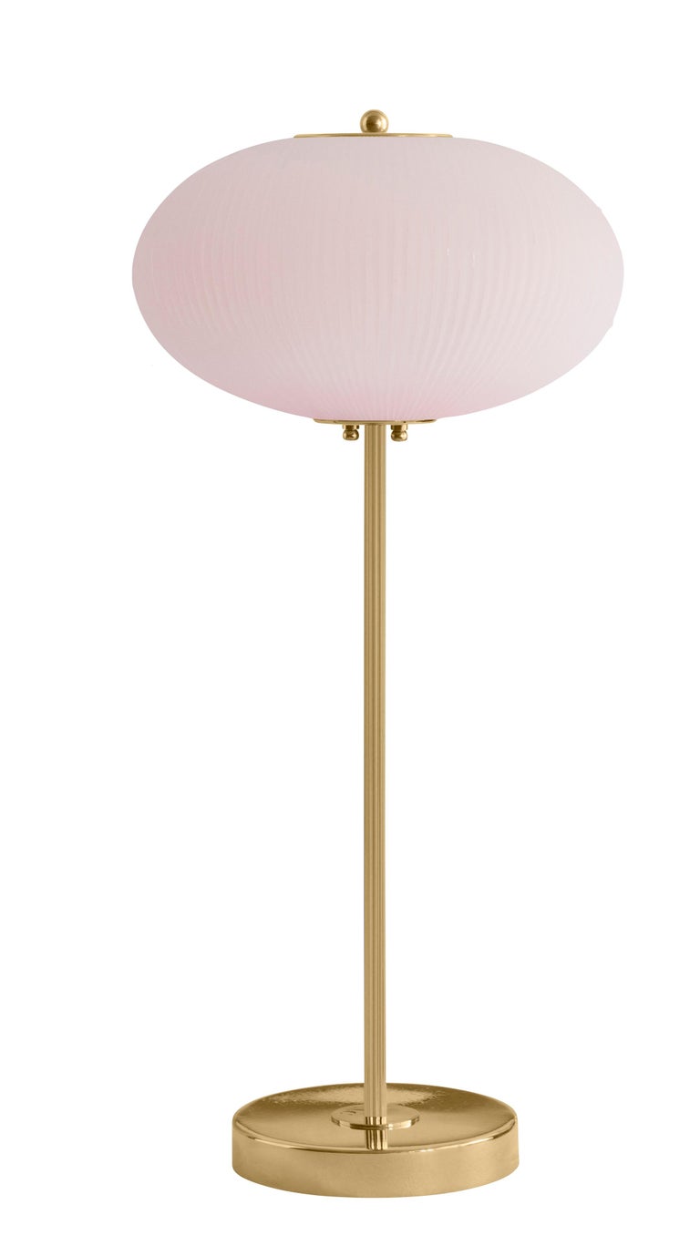 Table lamp China 07 by Magic Circus Editions
Dimensions: H 70 x W 32 x D 32 cm
Materials: Brass, mouth blown glass sculpted with a diamond saw
Colour: soft rose

Available finishes: Brass, nickel
Available colours: enamel soft white, soft