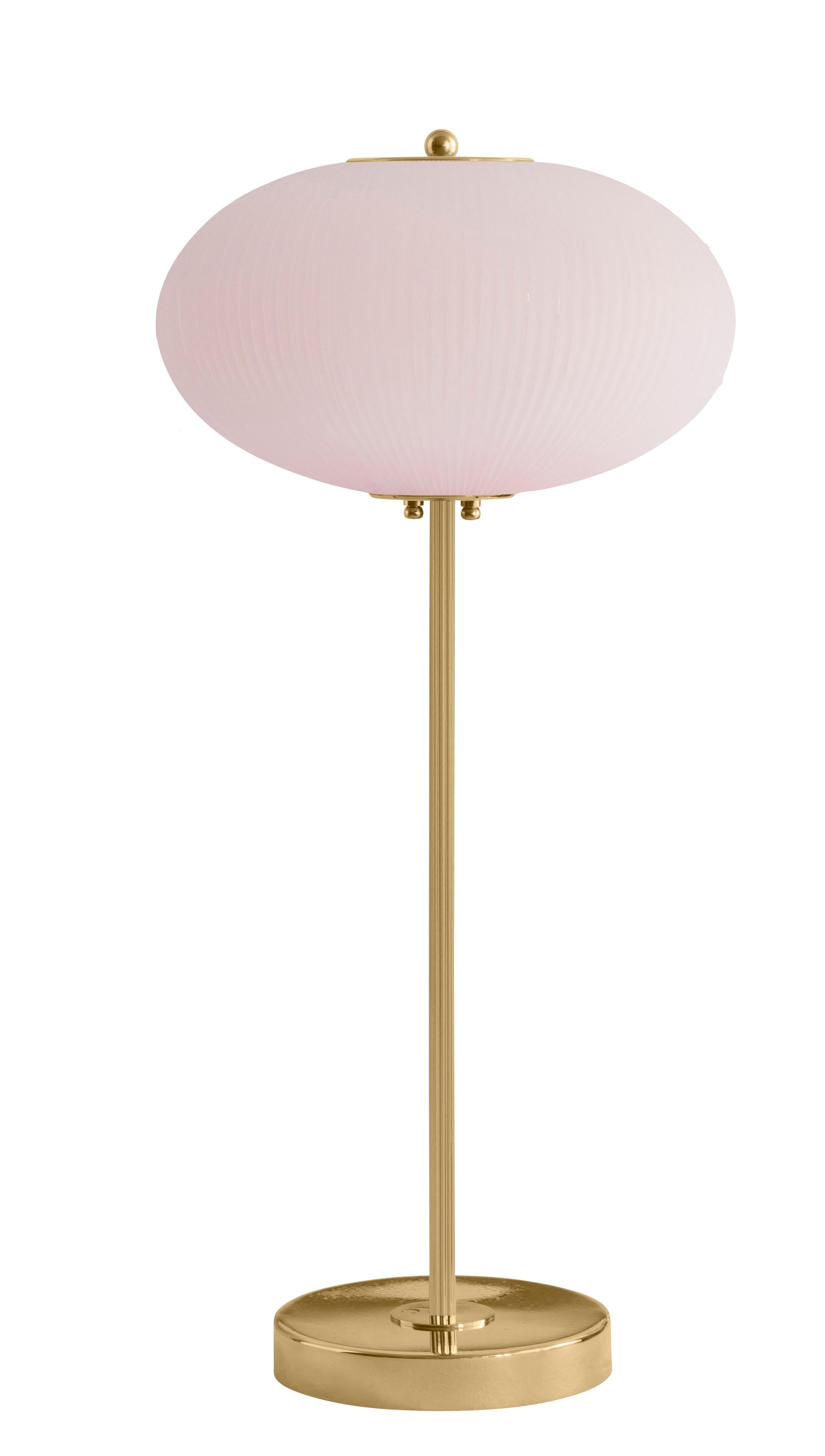 Table lamp China 07 by Magic Circus Editions.
Dimensions: H 70 x W 32 x D 32 cm.
Materials: brass, mouth blown glass sculpted with a diamond saw.
Colour: soft rose.

Available finishes: brass, nickel.
Available colours: enamel soft white, soft