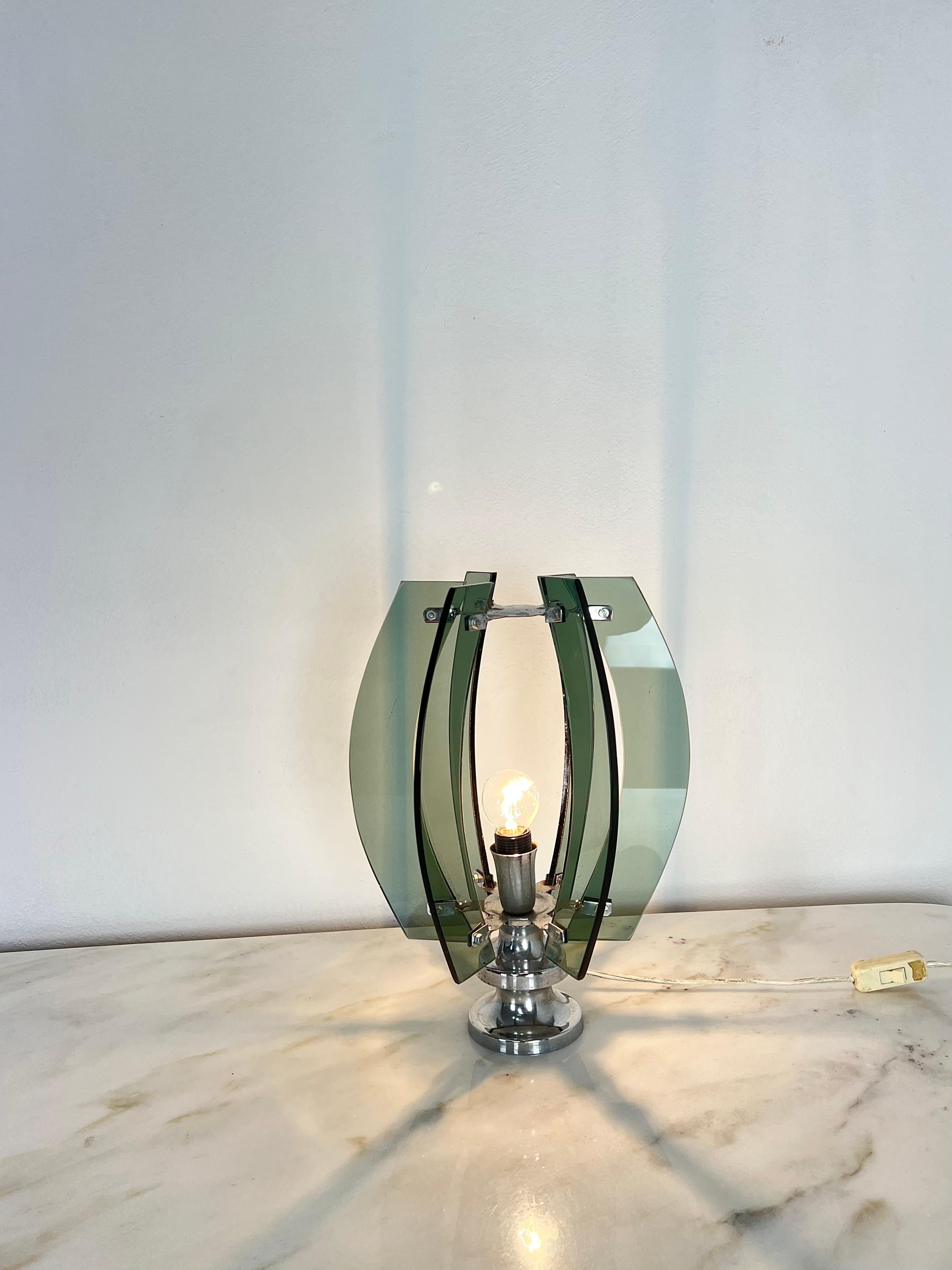 Mid-Century Modern Table Lamp Smoked Glass Chromed Metal Midcentury Italian Design 1970s For Sale
