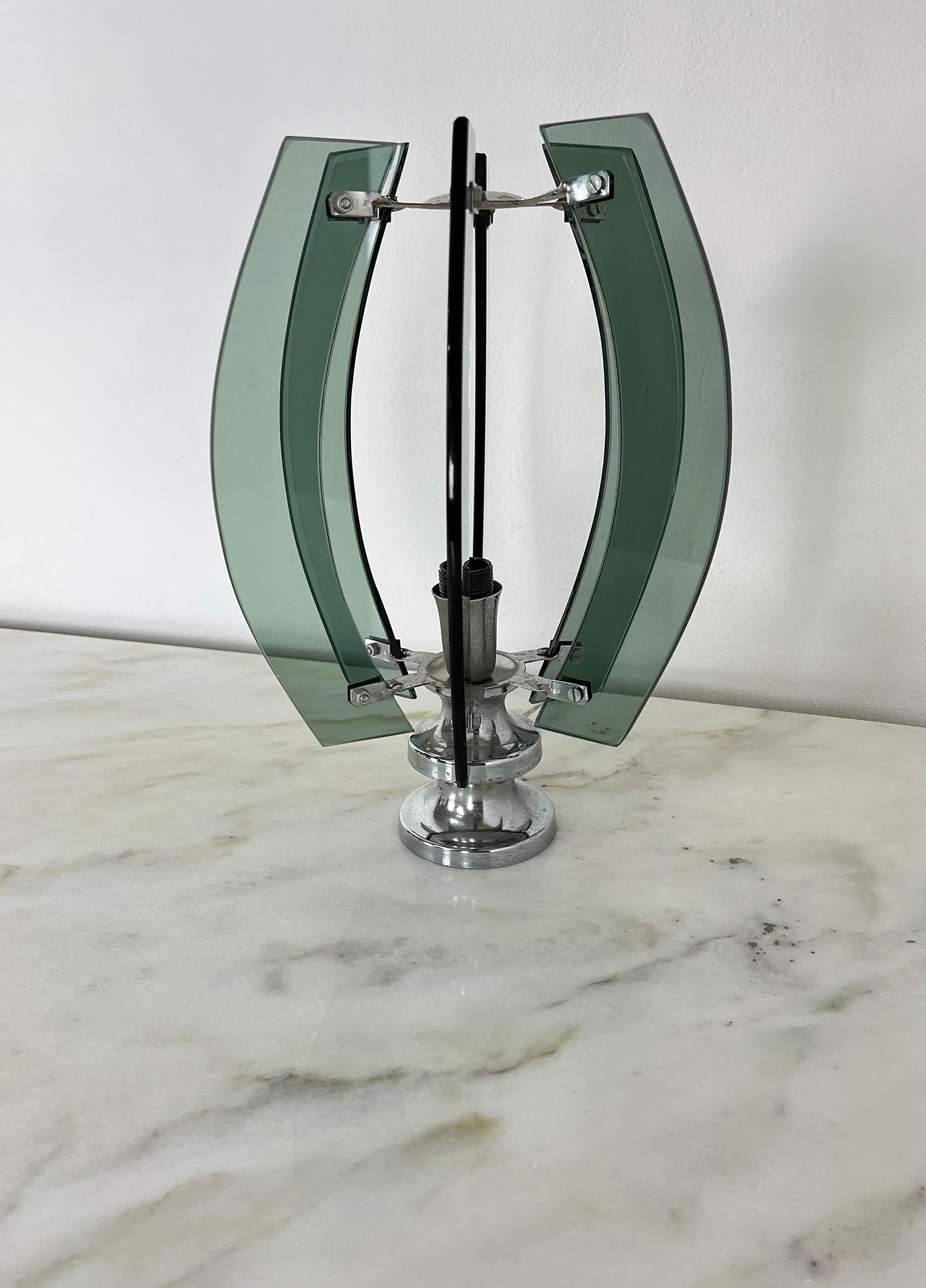 Table Lamp Smoked Glass Chromed Metal Midcentury Italian Design 1970s In Good Condition For Sale In Palermo, IT