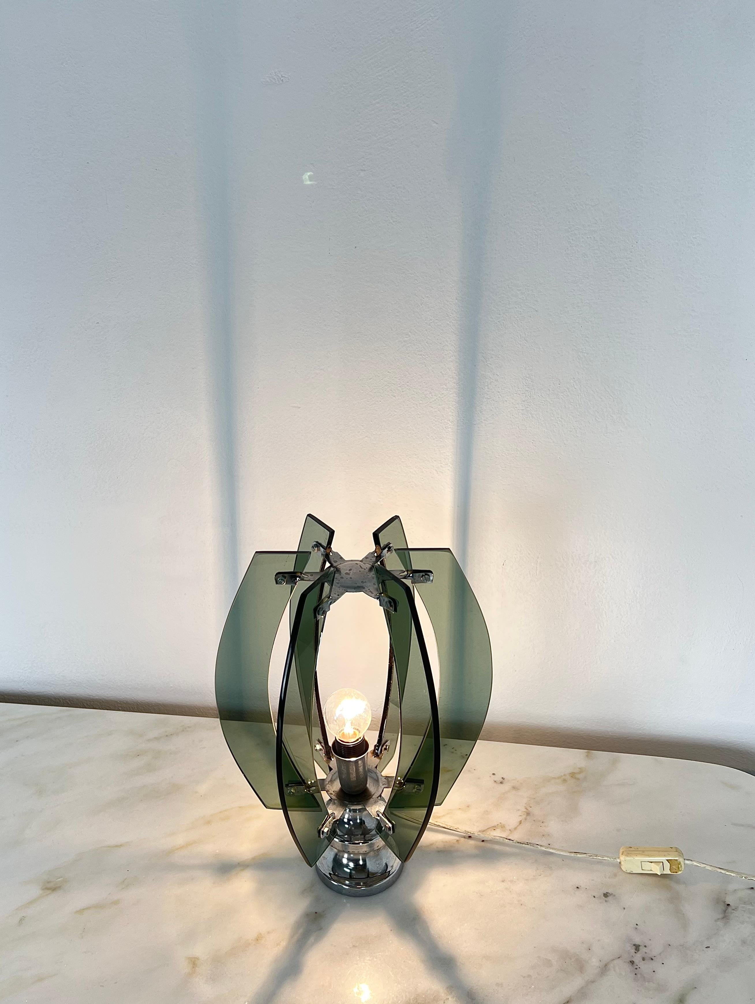 Table Lamp Smoked Glass Chromed Metal Midcentury Italian Design 1970s For Sale 2