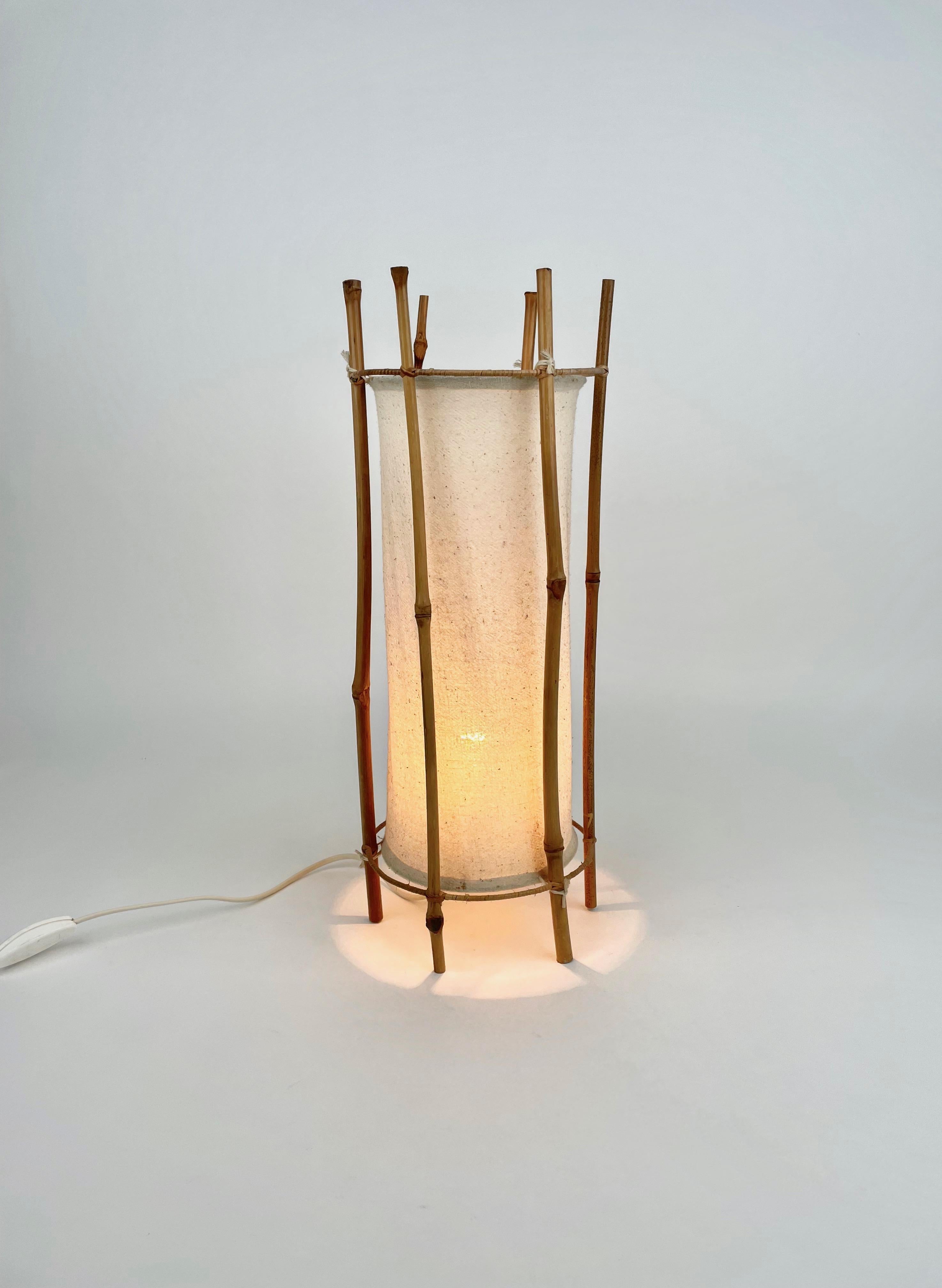 Table Lamp Cotton Bamboo & Rattan Attributed to Louis Sognot, France, 1950 3