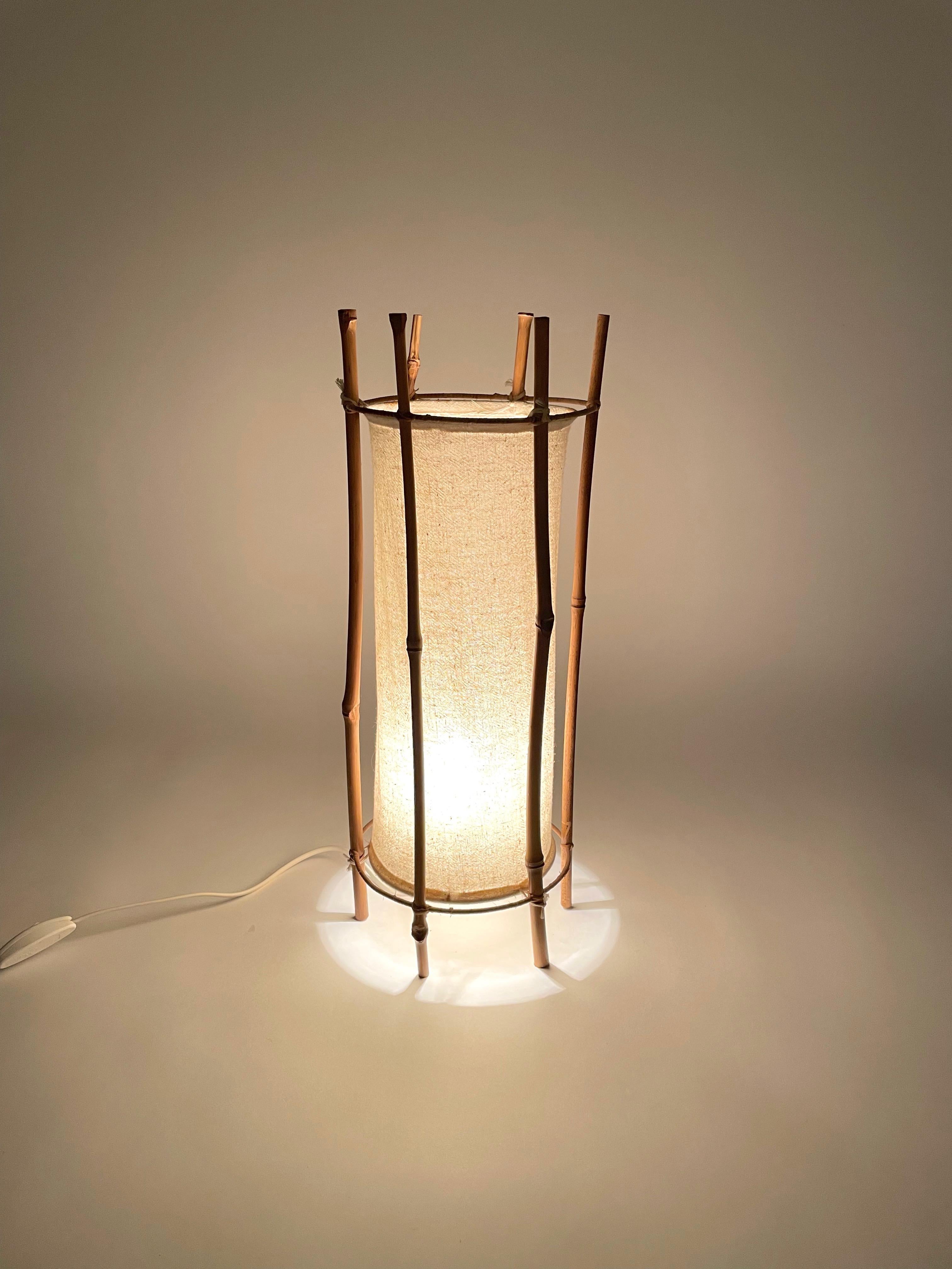 Table Lamp Cotton Bamboo & Rattan Attributed to Louis Sognot, France, 1950 4