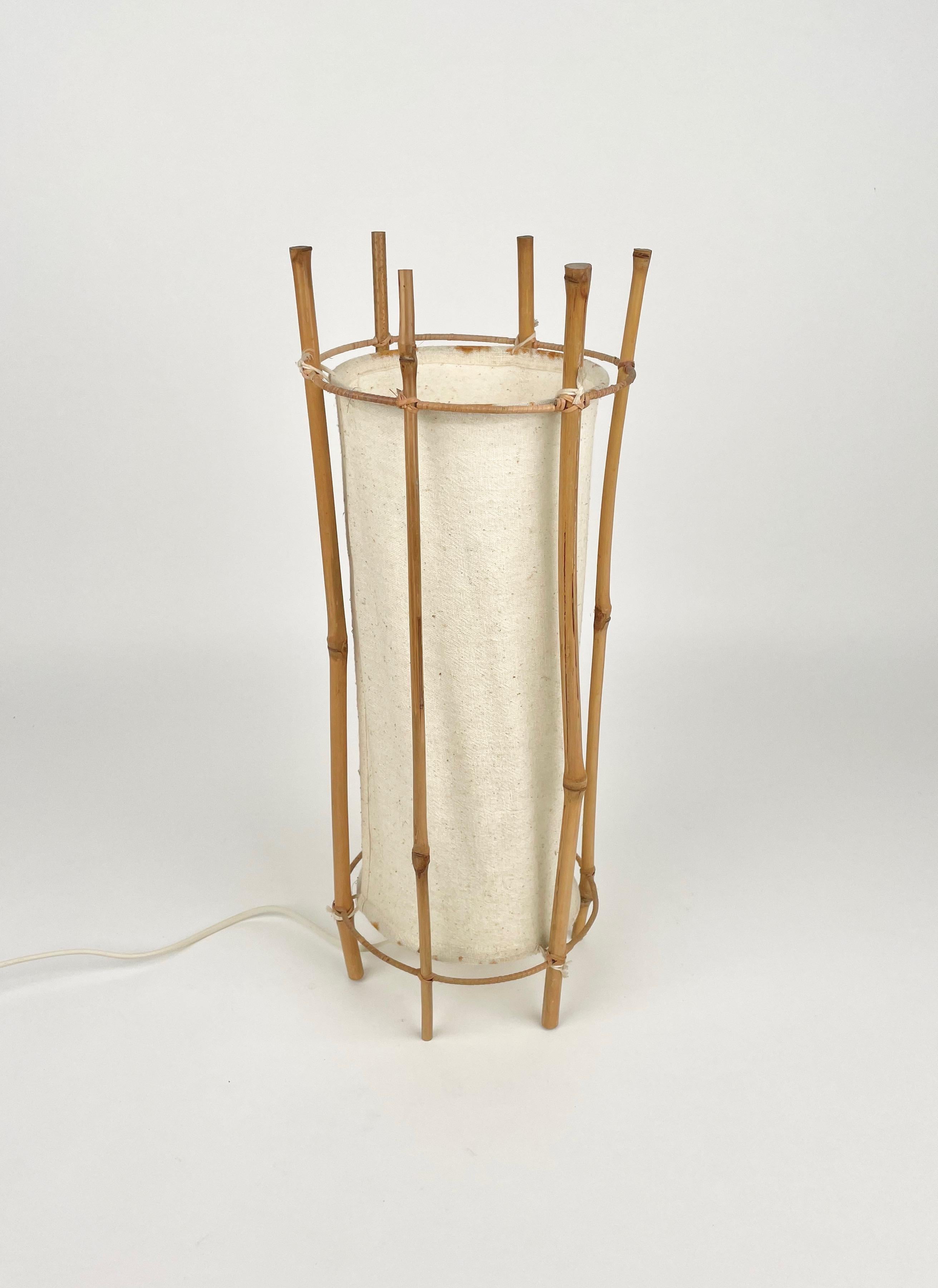 Mid-Century Modern Table Lamp Cotton Bamboo & Rattan Attributed to Louis Sognot, France, 1950