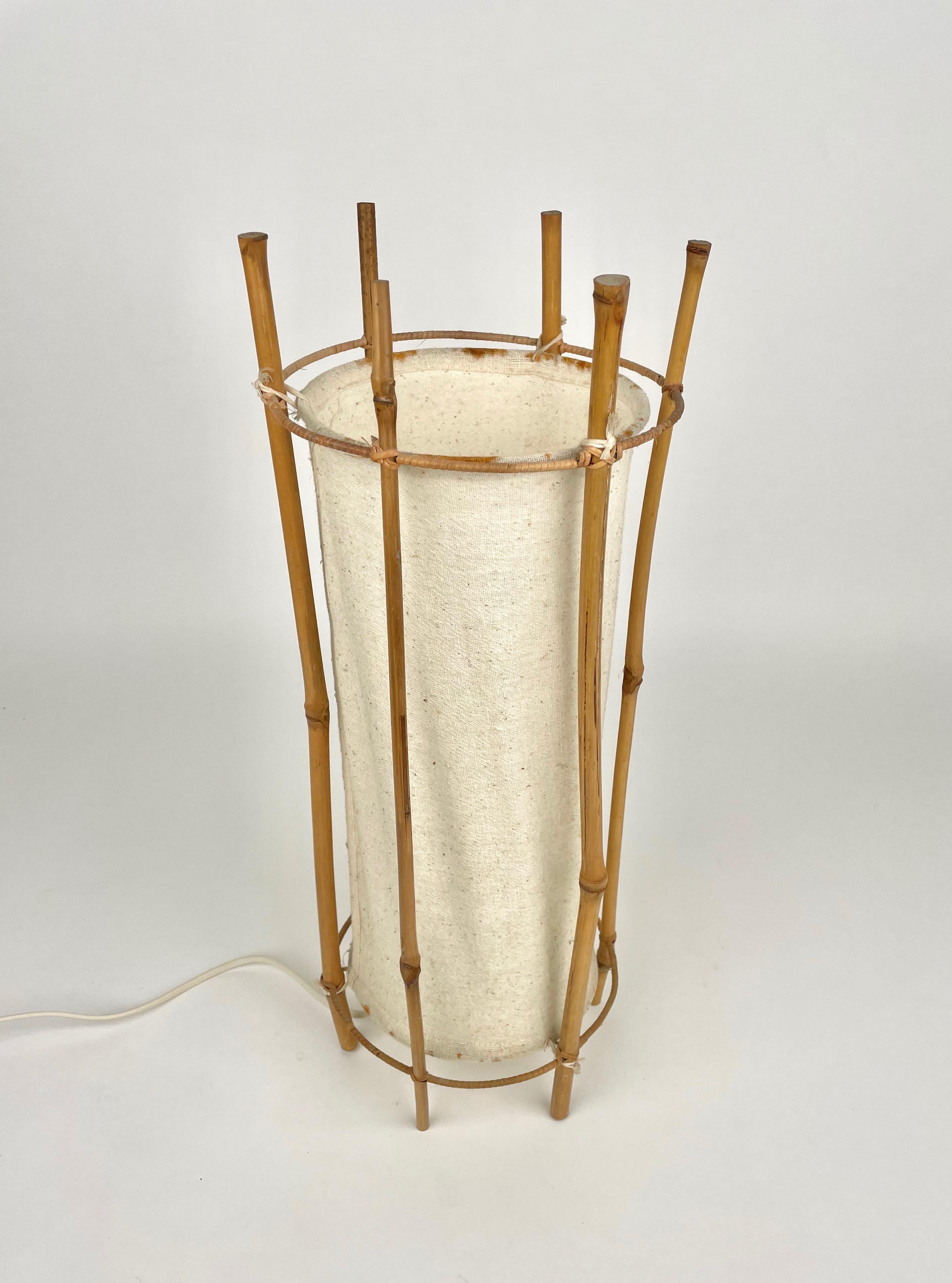 French Table Lamp Cotton Bamboo & Rattan Attributed to Louis Sognot, France, 1950
